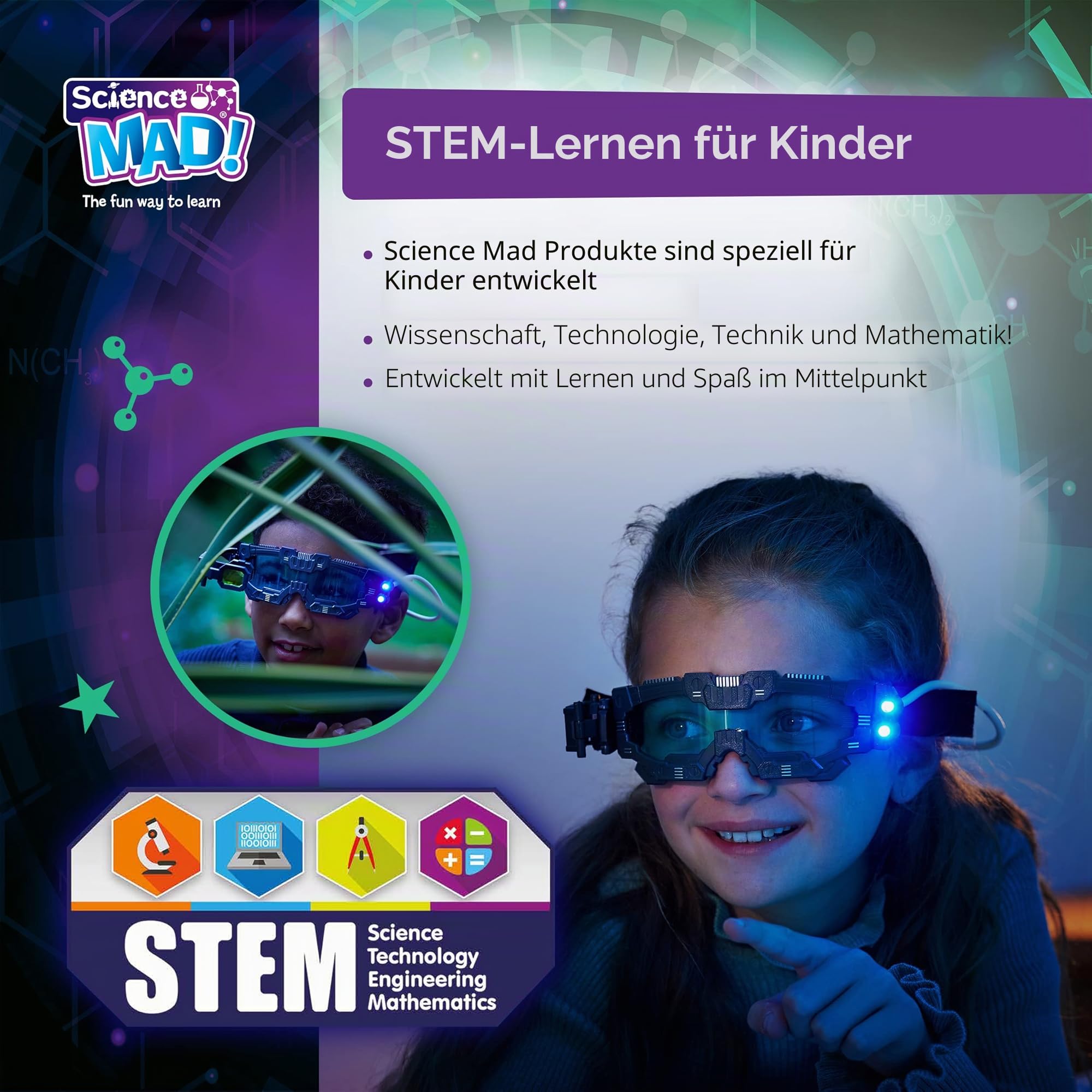 Science Mad! Nachtsichtbrille für Kinder, für lustige Nachtmissionen, leicht, ausklappbar, 2-fache Vergrößerung, Doppel-LED-Strahlen, Blaue Gläser, ab 6 Jahren, 20 x 10 x 5,5 cm (SM55), Schwarz