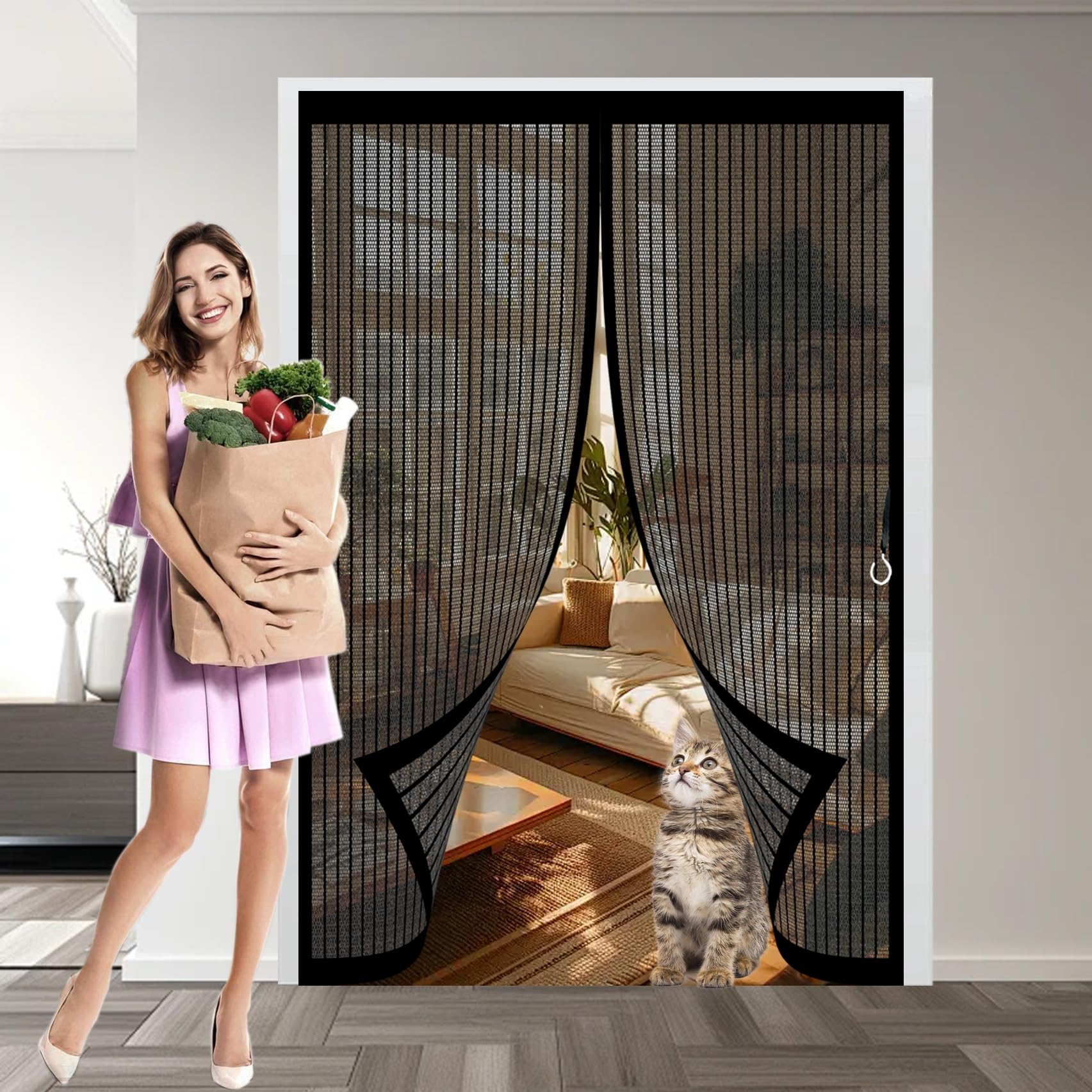 Door Fly Screen Curtain 80 x 218 cm with Powerful Magnets & Full Frame Magic Tape, Keep Bugs Out & Lets Fresh Air in Magnetic Door Screen for Patio Doors Bedroom, Black