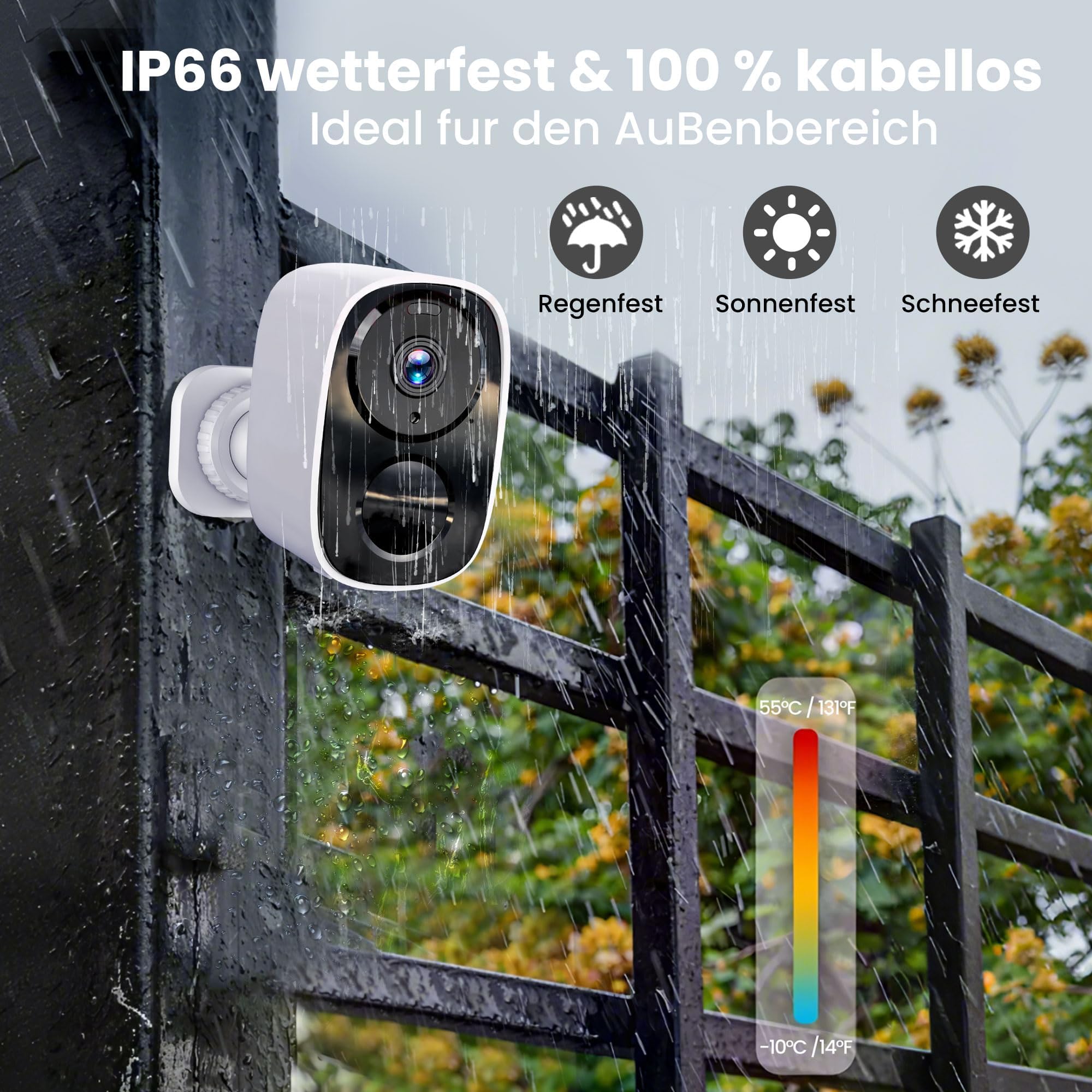 2K/3MP Überwachungskamera Aussen Akku, Kostenloser Cloud-Speicher, 5GHz/2,4GHz WLAN Kabellose Überwachungskamera außen/innen, 2-Wege Audio, Bewegungserkennung, Farbige Nachtsicht, IP66 Wasserdicht
