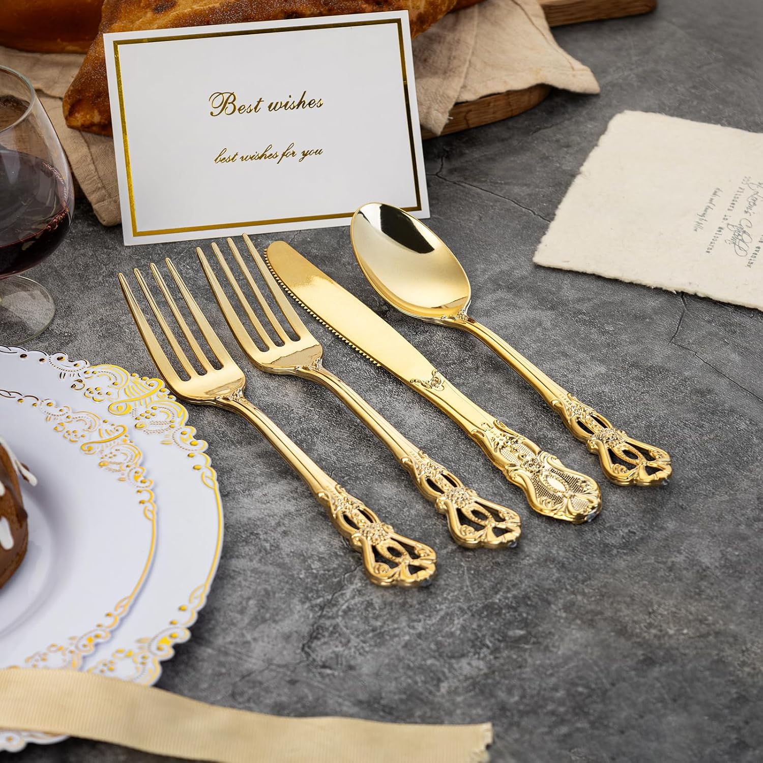 90PCS Gold Plastic Silverware Elegant for Parties Family Dinners