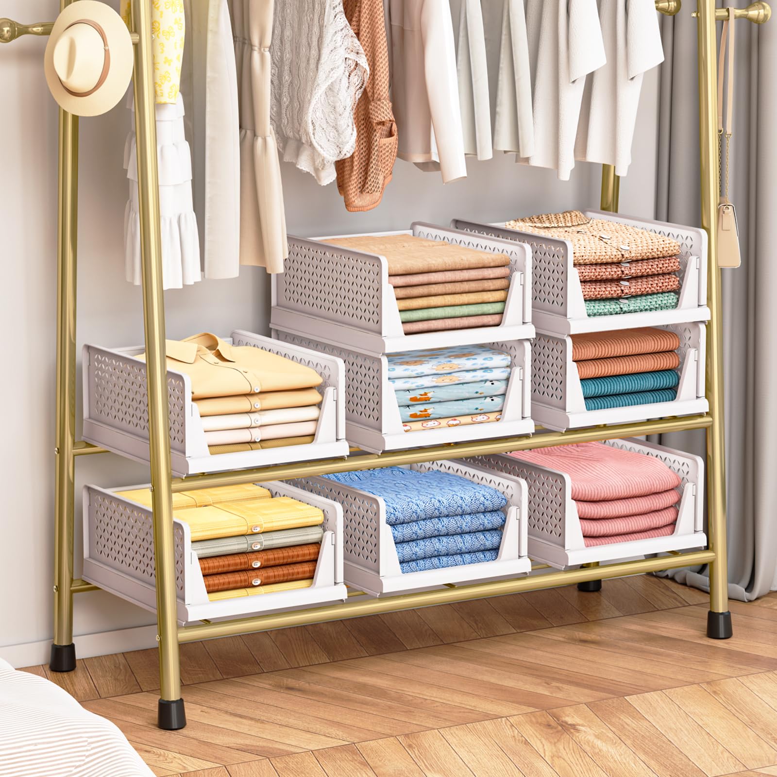 TidyIsles Organizador Armario Plegable Apilable 4 Unidades, Cajonera Plástico Separadores, Almacenamiento Ropa para Dormitorio Baño Blanco