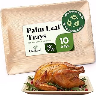 Chic Leaf Rectangular Palm Leaf Platter - 10 x 14 In, Pack of 10, Natural - Compostable Tray for Charcuterie & Party Trays - Oven & Microwave Safe Platter & Bamboo Plates Christmas Turkey Dinner