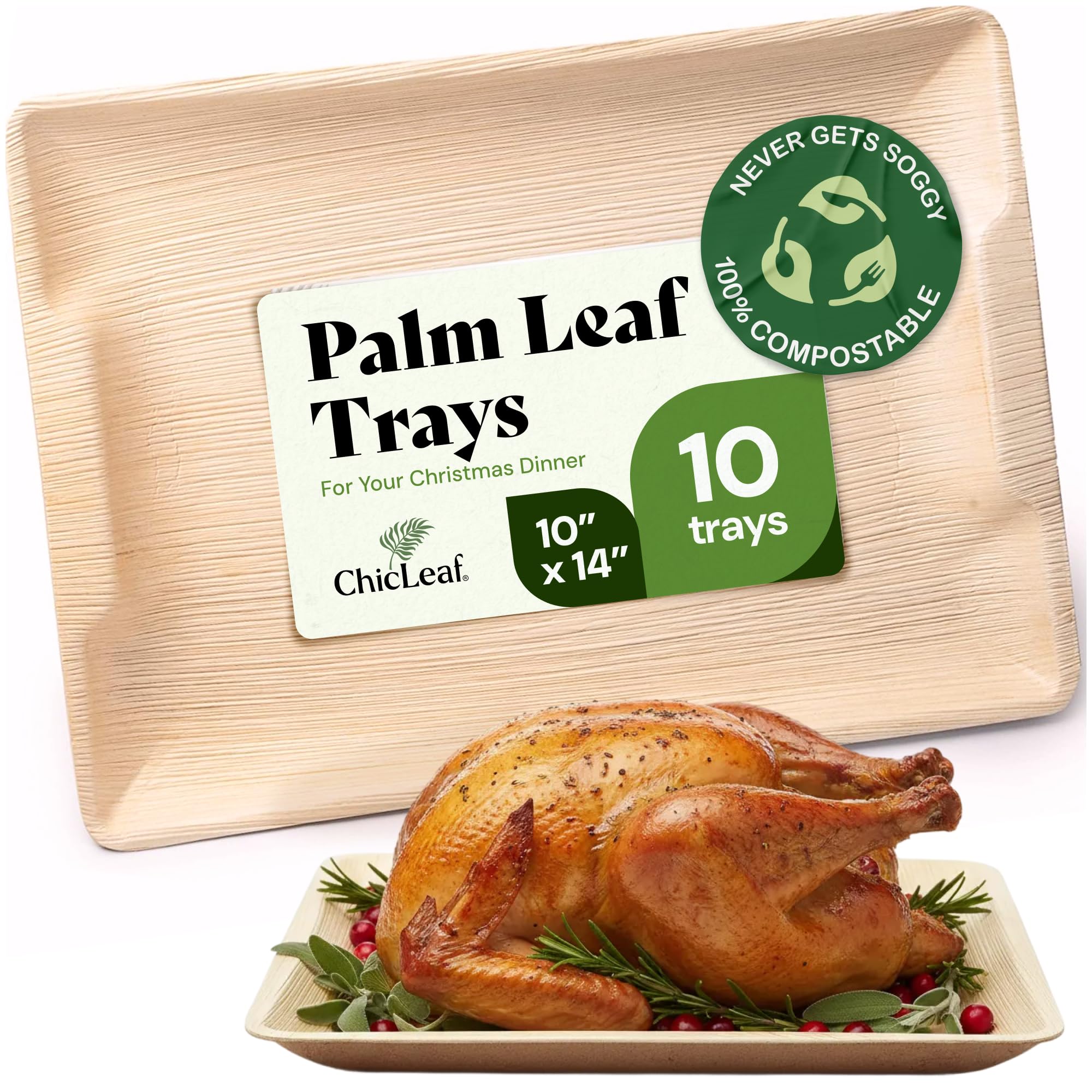 Chic Leaf 100% Compostable Disposable Palm Leaf Tray - Paper Plates Alternative - Thanksgiving Dinner Charcuterie Boards Accessories - Round Disposable Bamboo Plates (9'' x 6'' Party Pack, 50 Count)