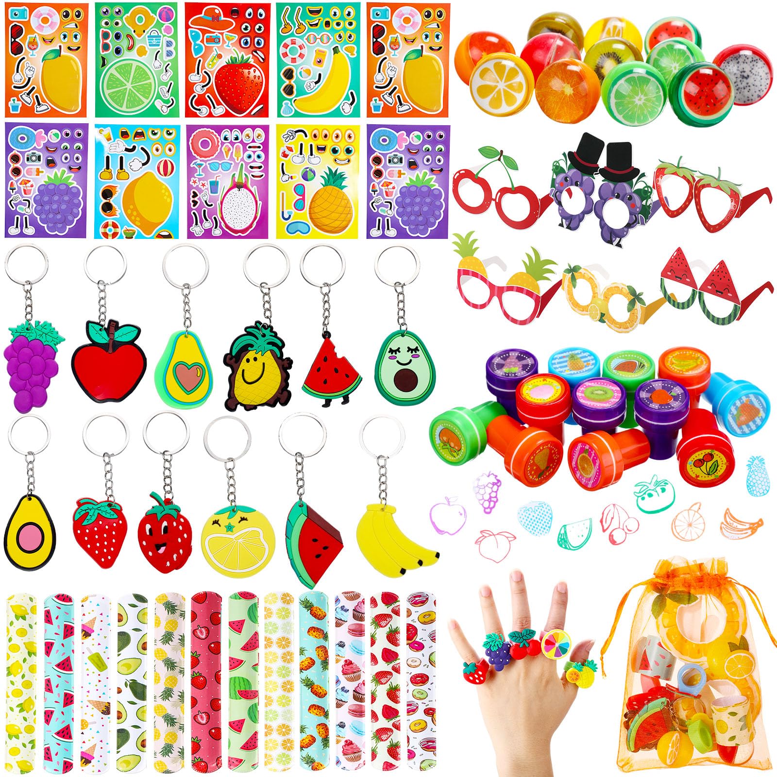 Blosssound 96 Pcs Fruit Party Favors Summer Theme Birthday Gifts Set Make a Fruit Sticker Stress Ball Slap Bracelet Glass Ring Keychain Stamper Gift Bag Piñata Fillers Classroom Prizes