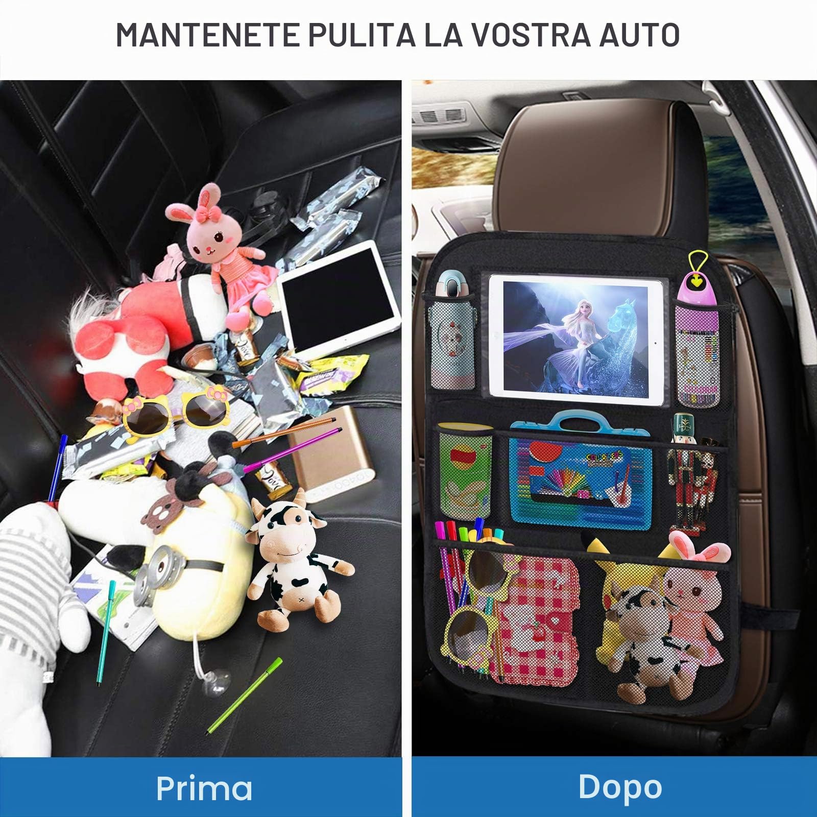 Organizer Sedile Auto Bambini, 2 Pcs Protezione Proteggi Sedile Posteriore con Multi-Tasca Portaoggetti (9 Pocket), Impermeabile Organizzatore Auto con Supporto Trasparente per 10” ipad Tablet