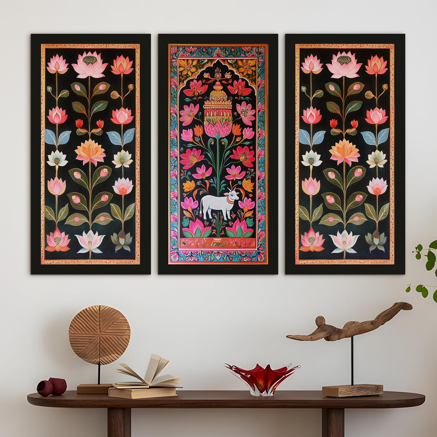 PAPER PLANE DESIGN Pichwai paintings for living room. Set of 3 canvas wrapped framed madhubani art for wall decor. 12 x 24 inch x 3 frames. (A)