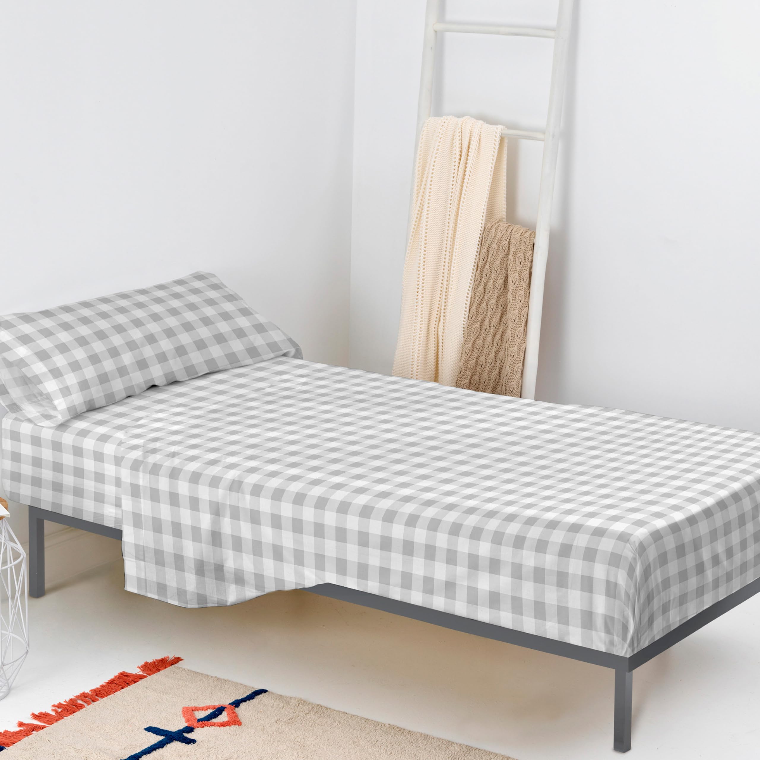 Juego de sábanas Vichy gris 160x270 cm, parure de lit raffinée 2 pièces