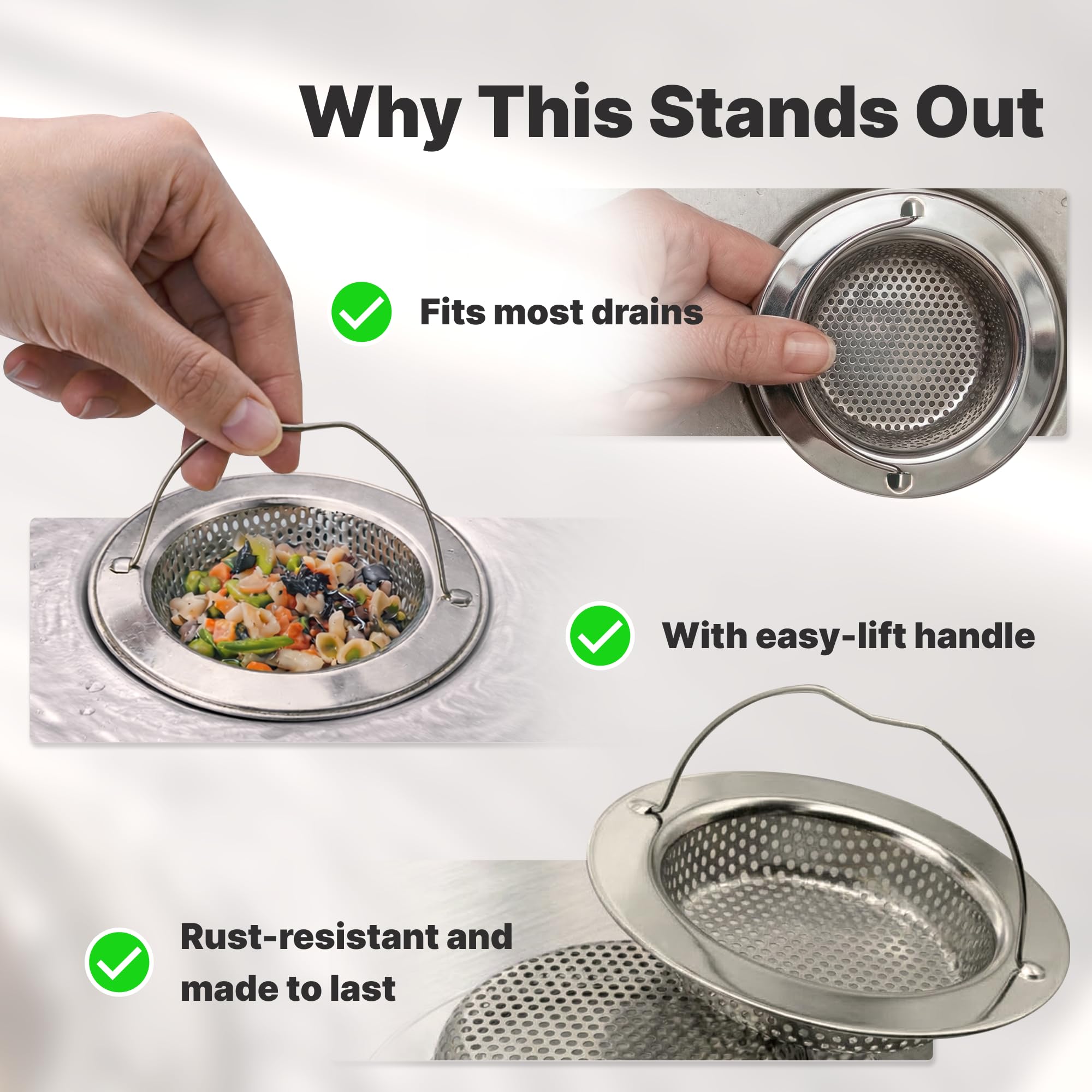 MINISMUS Tappo lavandino cucina, filtro lavandino cucina con manico in acciaio inox, colino per lavello, 8-10.5 cm