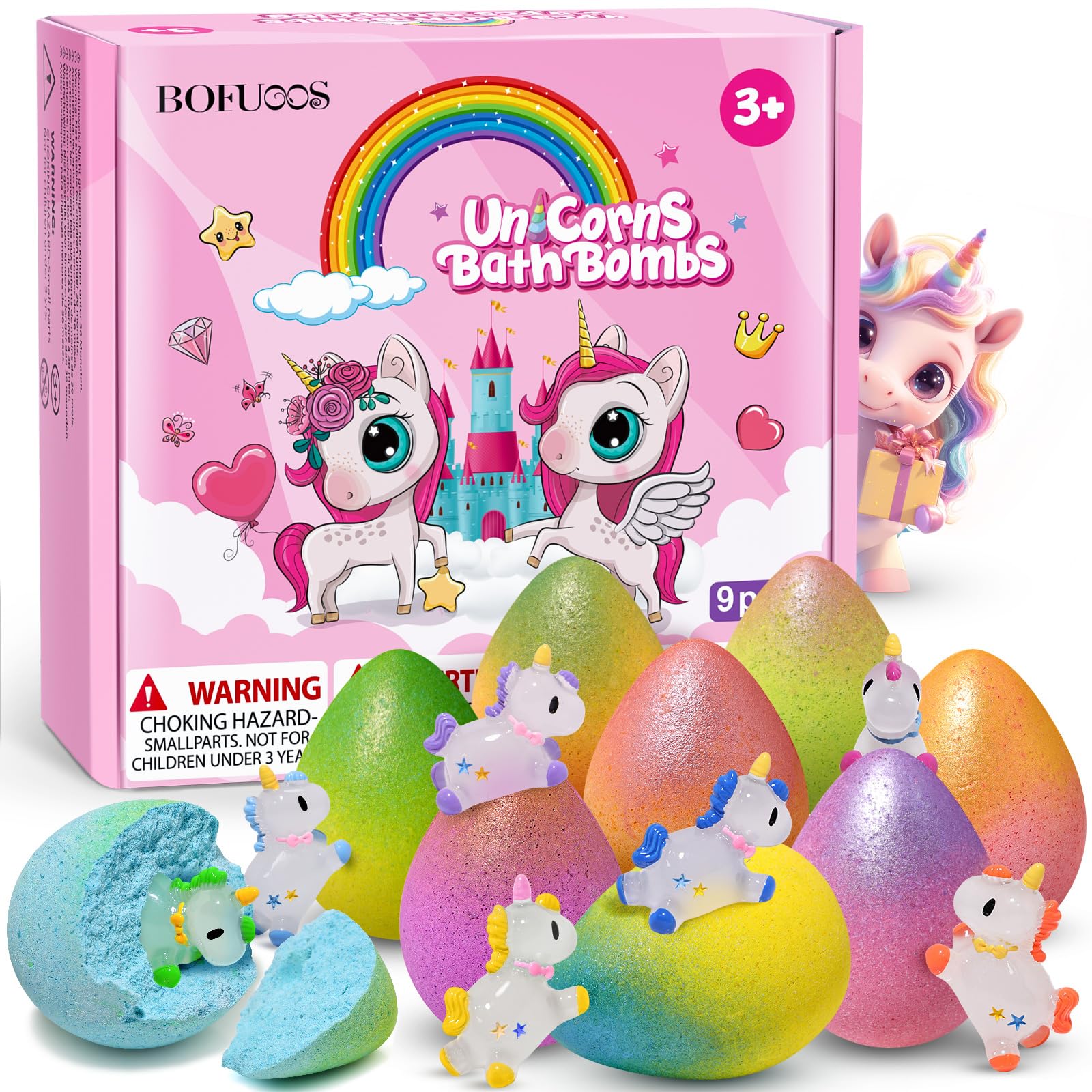Bofuoos Badebombe für Kinder mit Einhorn Spielzeug im Inneren, 9 Stück Geschenke für Kinder, Geburtstagsgeschenk Weihnachtsgeschenke für Jungen und Mädchen (36+ Monate)