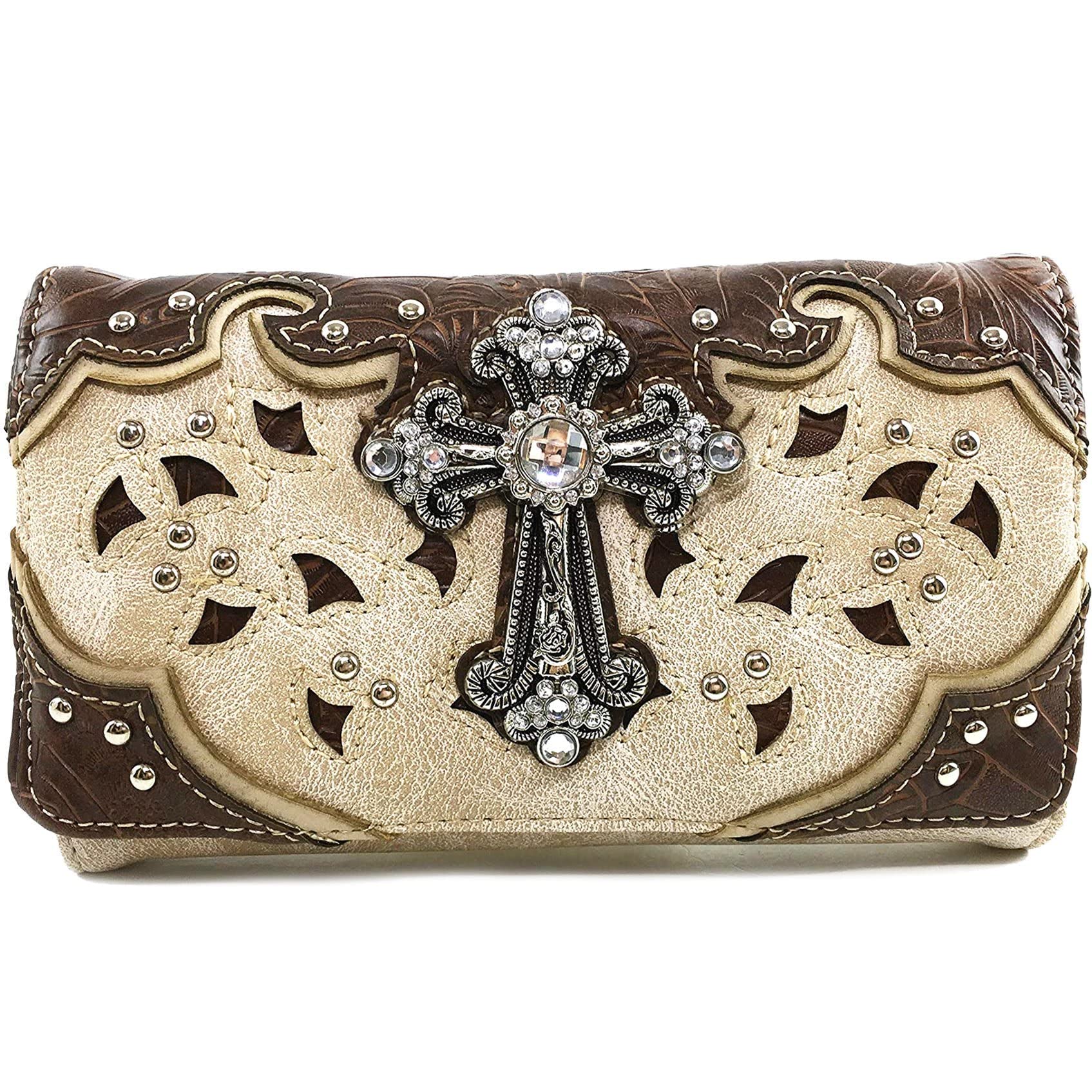 Justin West Rhinestone Cross Weaved Laser Cut Floral Conceal Carry Handbag Purse