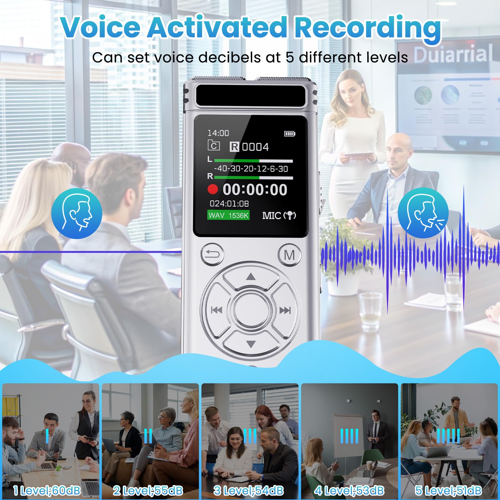 Registratore vocale digitale da 136 GB con riproduzione, dispositivo di registrazione audio 9000 ore, registratore vocale attivato con riduzione del rumore, ripetizione A-B, lettore MP3 e password per