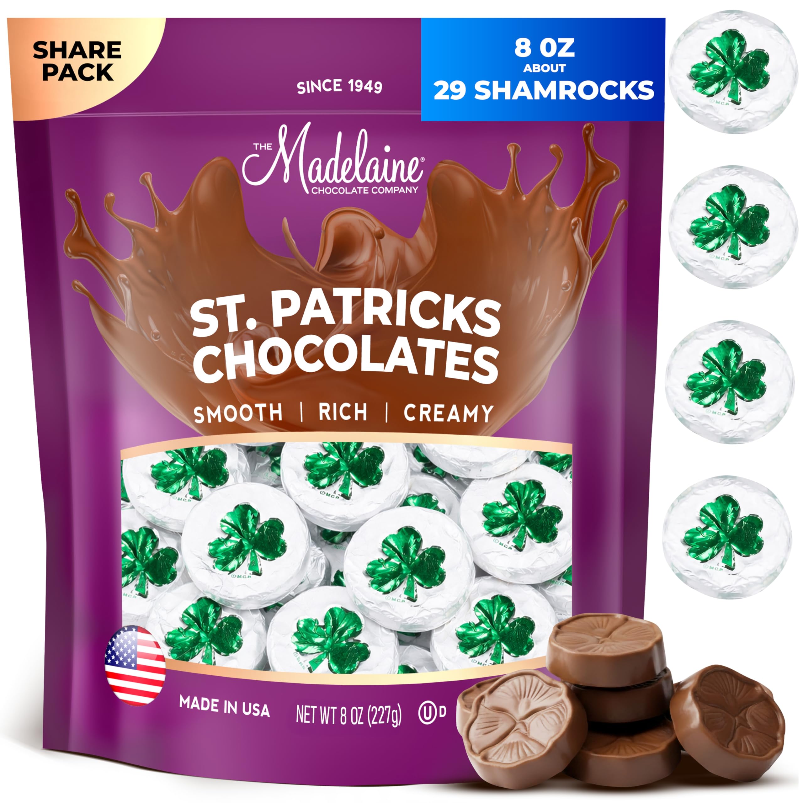 Madelaine St. Patrick's Day Solid Premium Milk Chocolate Shamrocks - ½ LB Bag Individually Wrapped Chocolate Candy in Matte White Foil with Green Shamrock - St. Patrick's Day Candy for Everyone