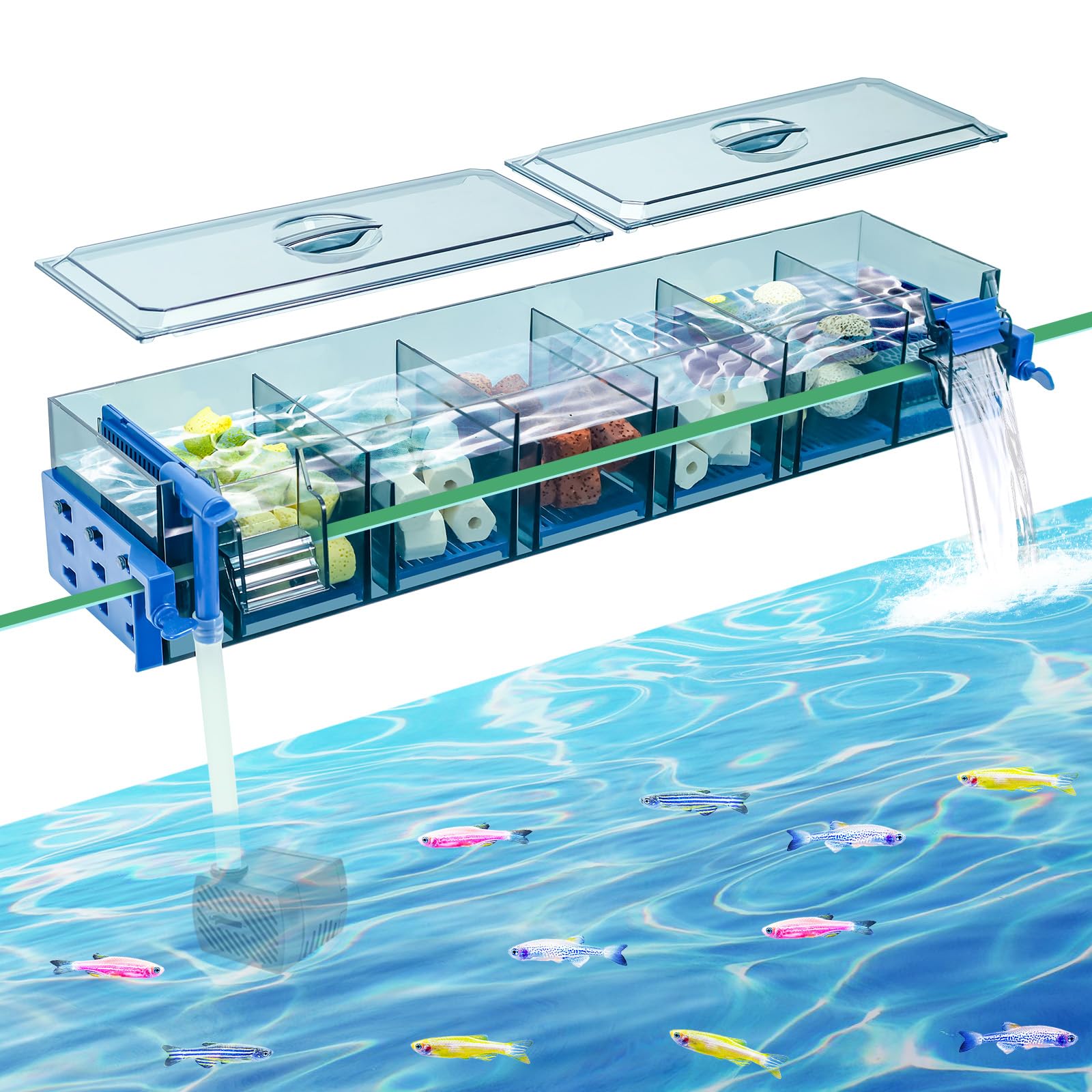 Multi-Stage Hang-On-Back Aquarium Filter for 20-50 Gallon Fish Tanks Waterfall Oxygenation & Ultra-Quiet HOB Filter System with Splash Guard & Dual Mounting (18 Inch)