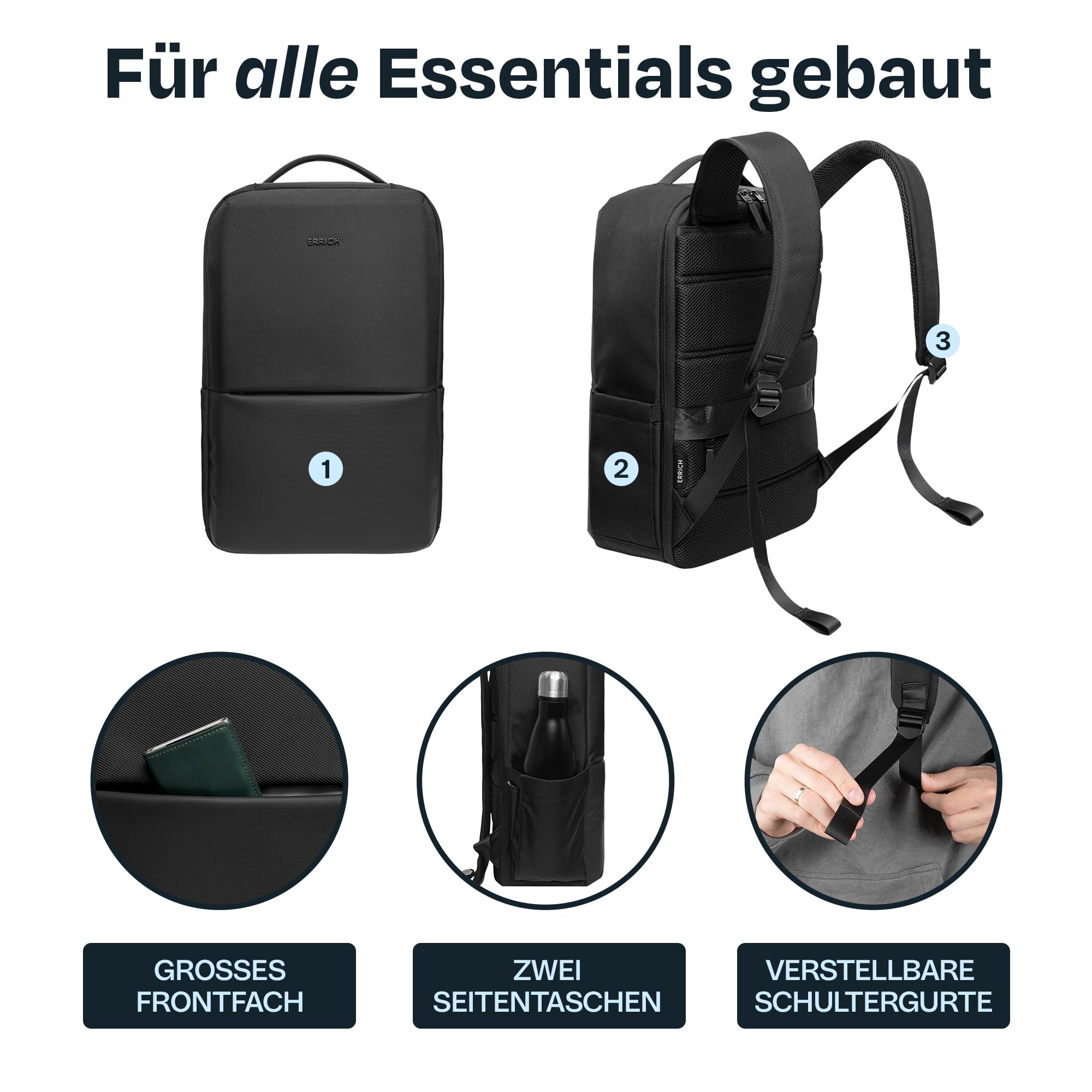 Laptop City Rucksack 16" - Wasserfester Business-Rucksack für Arbeit, Reisen und Alltag, Uni, Schwarz, 20 Liter, Für Männer und Frauen