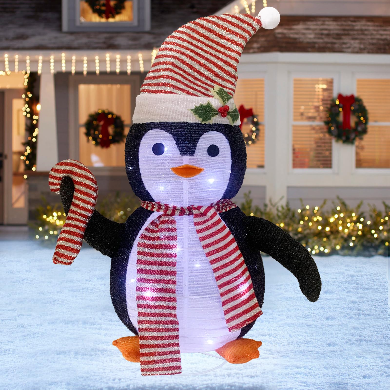 Décorations de Noël pingouin lumineux de 30 pouces avec 40 lumières LED, pingouin pliable avec chapeau, décorations de Noël pour extérieur intérieur cour jardin (77 cm de haut)