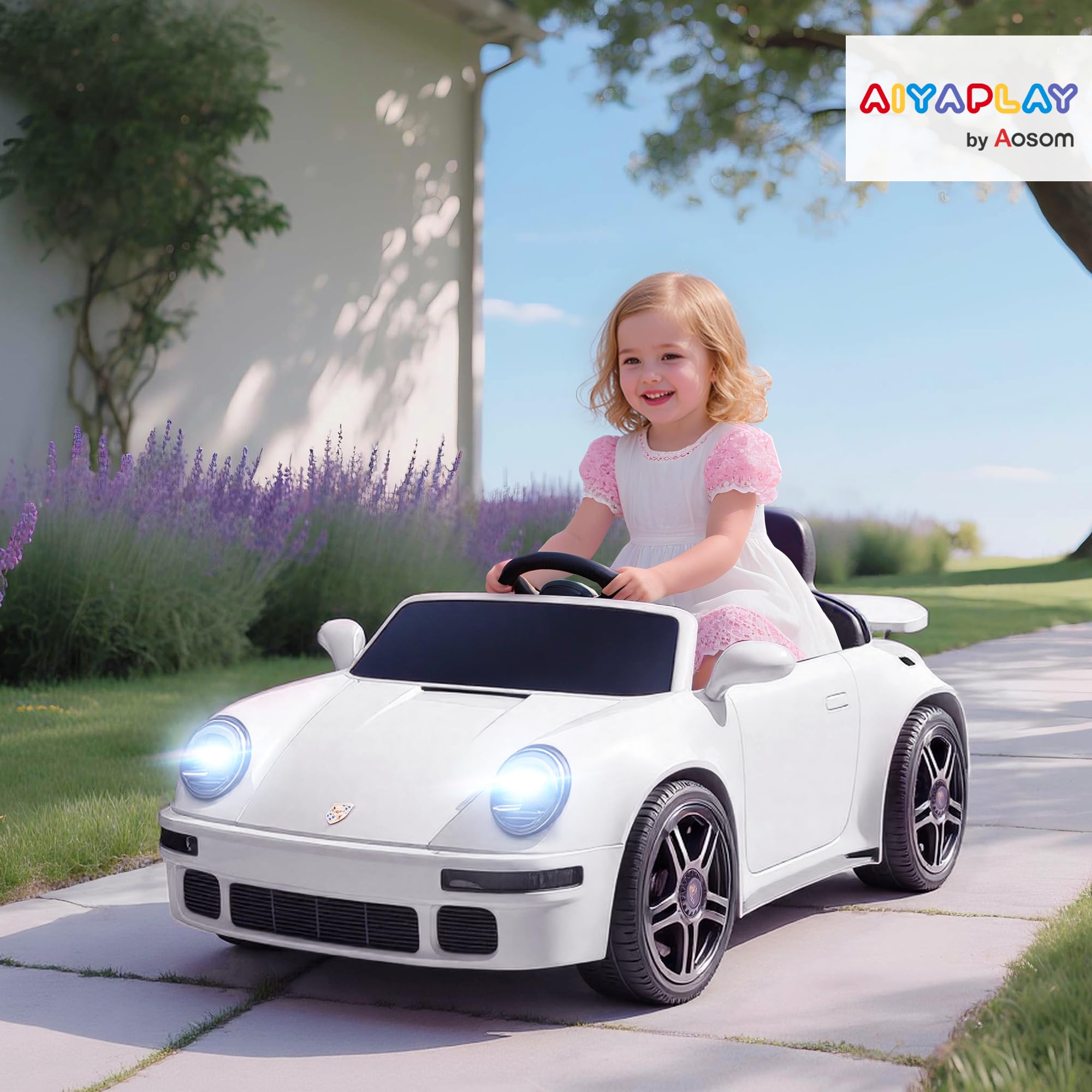 AIYAPLAY Voiture Électrique Enfants sous Licence RUF CTR 2017 12V Blanc | Véhicule Électrique, Télécommande 2,4G, Phares, Musique, Klaxon, Démarrage Lent, pour 3 à 6 Ans
