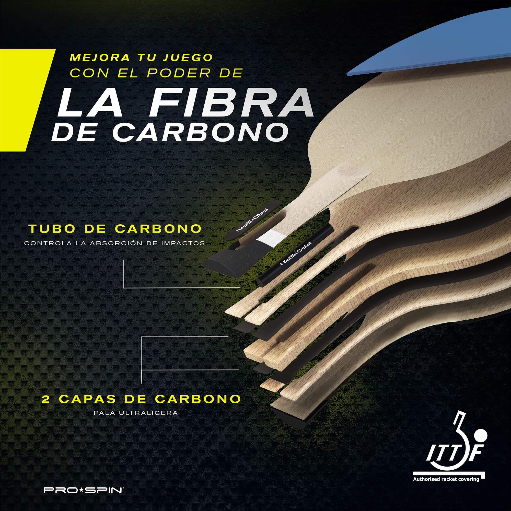 PRO-SPIN Palas de Ping Pong Homologada ITTF Fibra de Carbono Madera 7-Ply Goma Ofensiva Esponja 2 mm