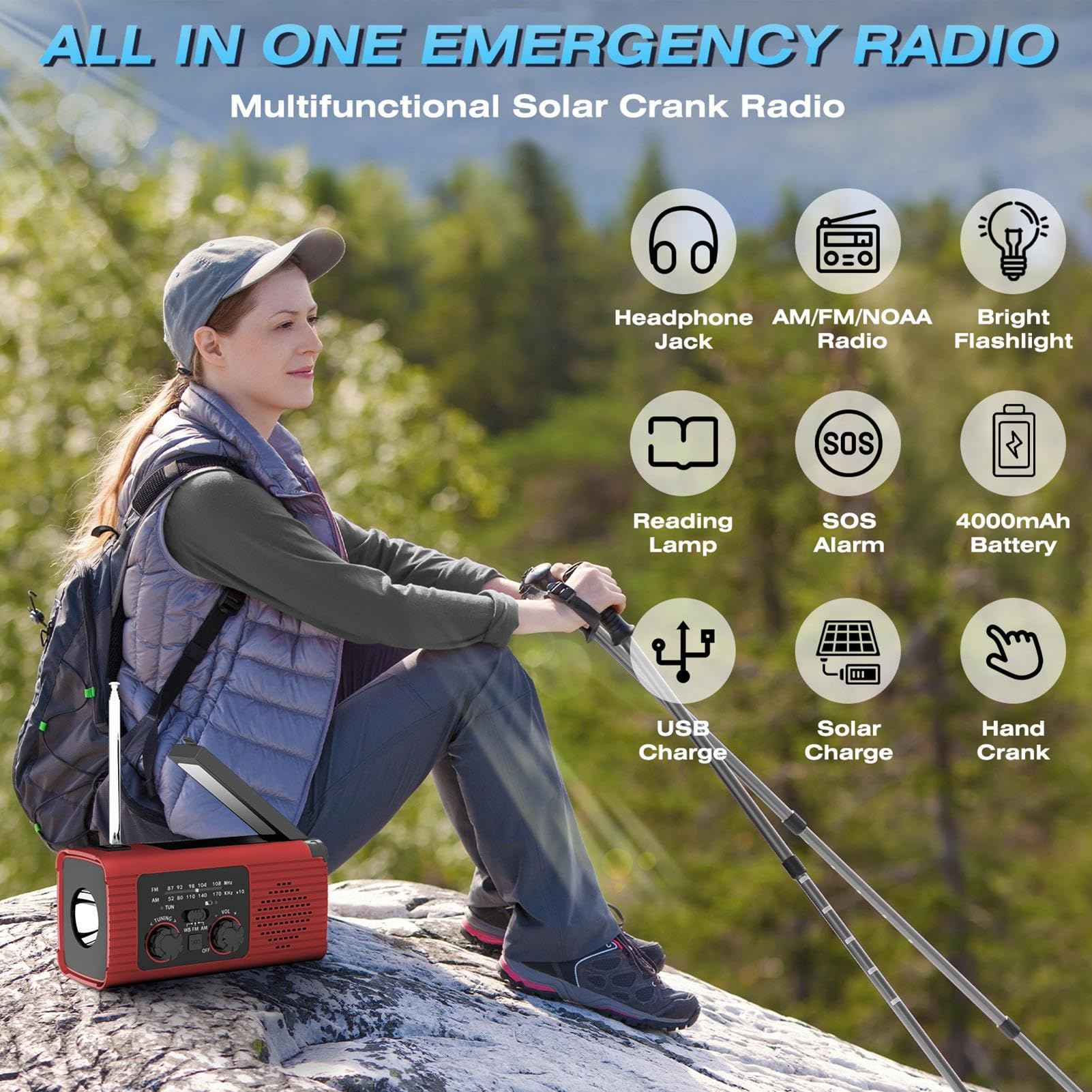 Radio De Emergencia Portátil - R-adio De Manivela De Energía Solar, Radios De Alarma SOS, con Linterna LED, 3 Métodos De Carga, Radios Am/FM/NOAA con Pilas, para Camping, Viajes, Ourdoor