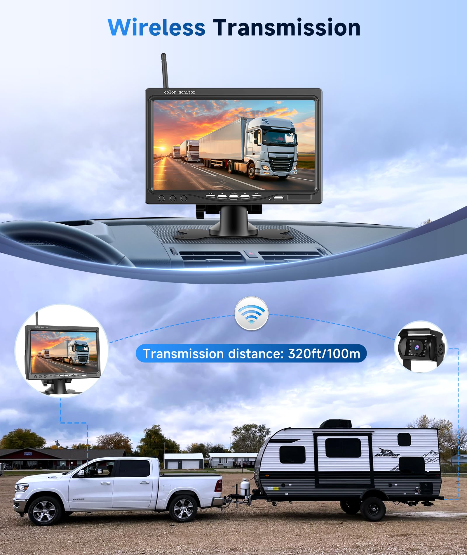 Wireless Backup Camera For Truck With AI Alarm, RV Bluetooth Backup Camera Night Vision Back Up Camera IP69 Waterproof Reverse Rear View Cam With 7" HD 1080P Monitor For Trailer Camper - View #3