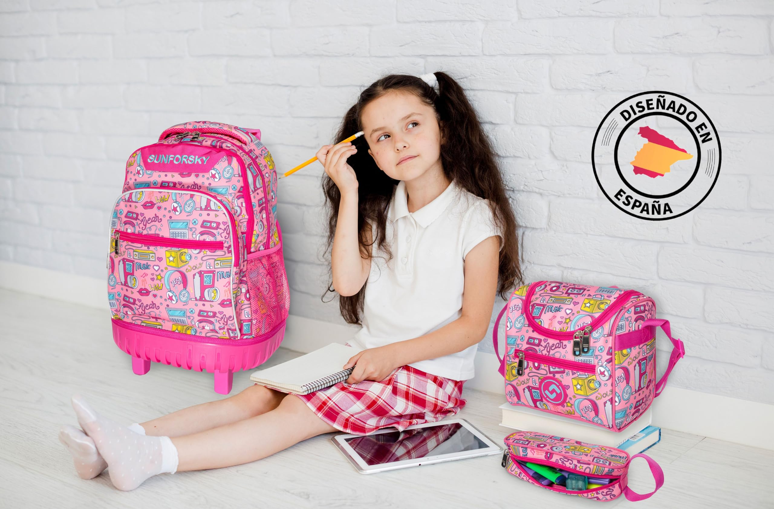 SUNFORSKY Zaino scuola con ruote per bambini e ragazze, trolley per zaino scolastico, include astuccio per matite e borsa per snack, convertibile per appendere la schiena, Modello rosa