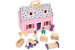 Fold and Go Wooden Dollhouse With 2 Dolls and Wooden Furniture