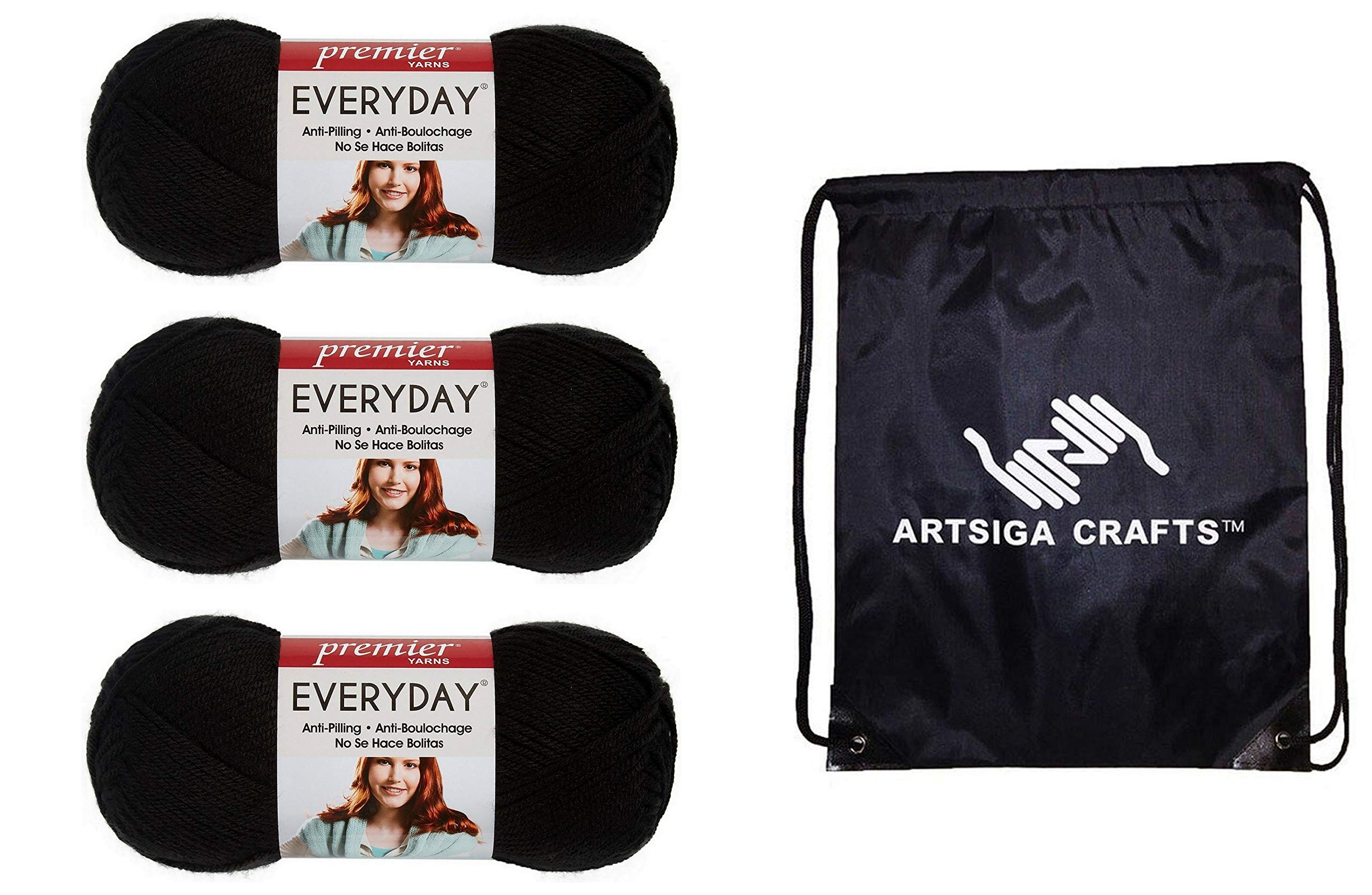 Premier YarnsEveryday Anti-Pilling Solid Black DN100-12 (3-Skeins - Same Dye Lot) #4 Worsted Weight Acrylic Yarn for Crocheting and Knitting with Project Bag