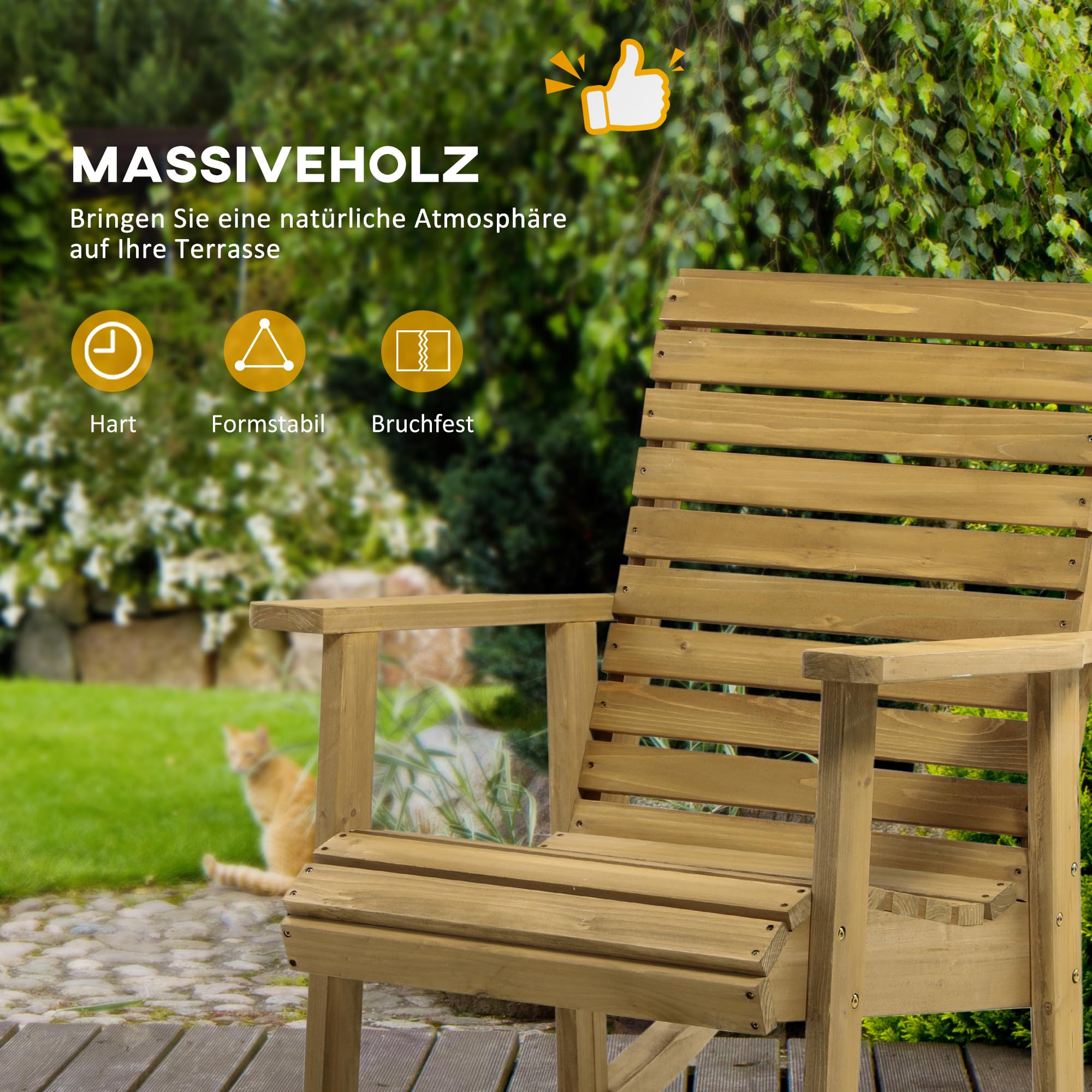 Outsunny Schaukelstuhl Schwingsessel mit Armlehne Relaxstuhl Gartenstuhl für Terrasse, Balkon, Belastbarkeit bis 130 kg, 64 x 86 x 85 cm, Tannenholz, Hellbraun