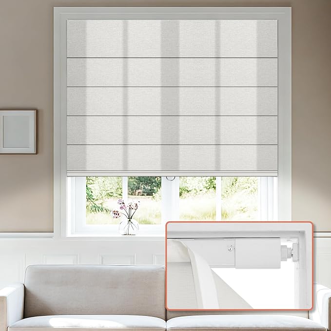 No Tools No Drill Light Filtering Roman Shades, White, Custom