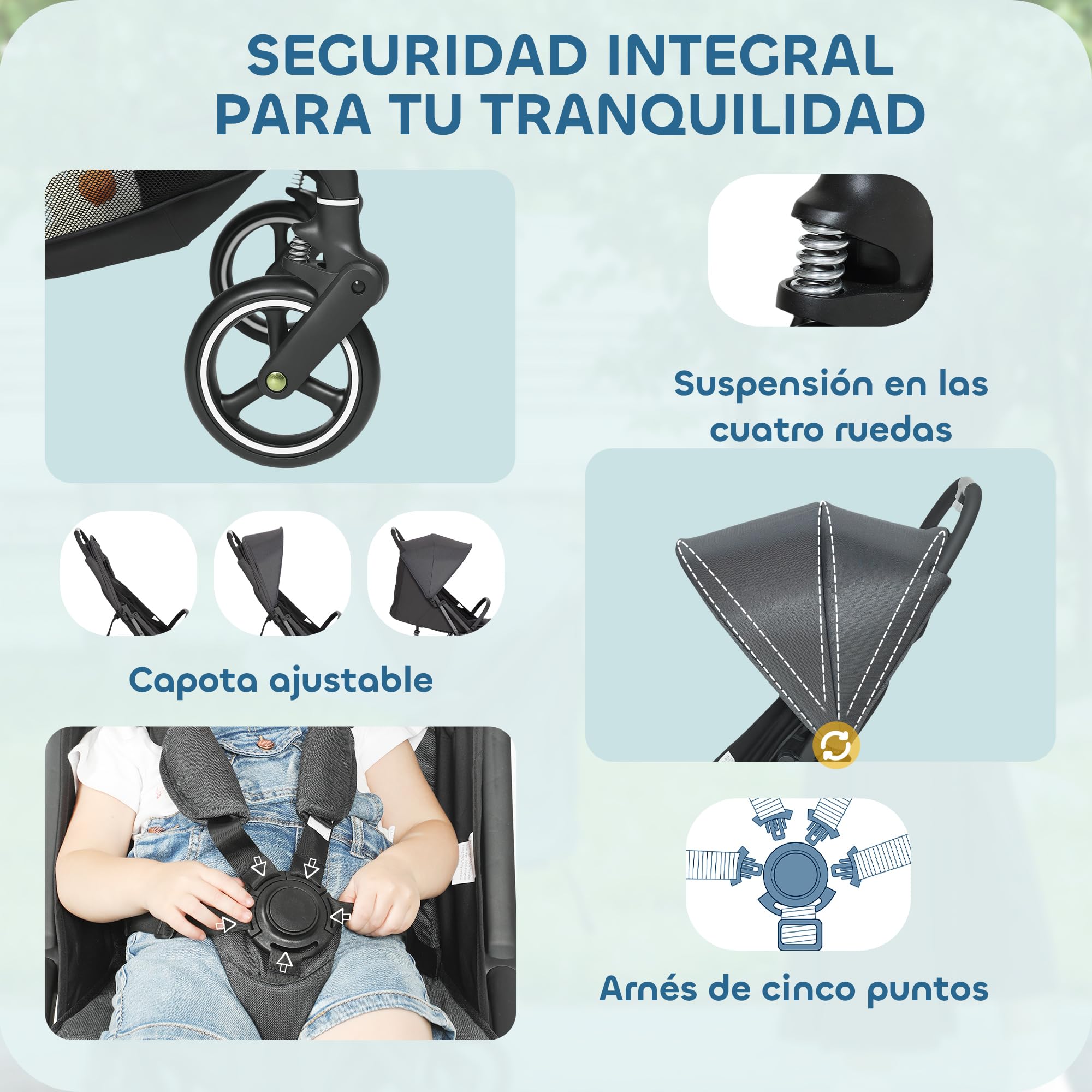AIYAPLAY Silla de Paseo Ligera Plegable con Respaldo Reclinable | Con Reposapiés Ajustable, Capota, Arnés de 5 Puntos, Cesta y Soporte hasta 15 kg