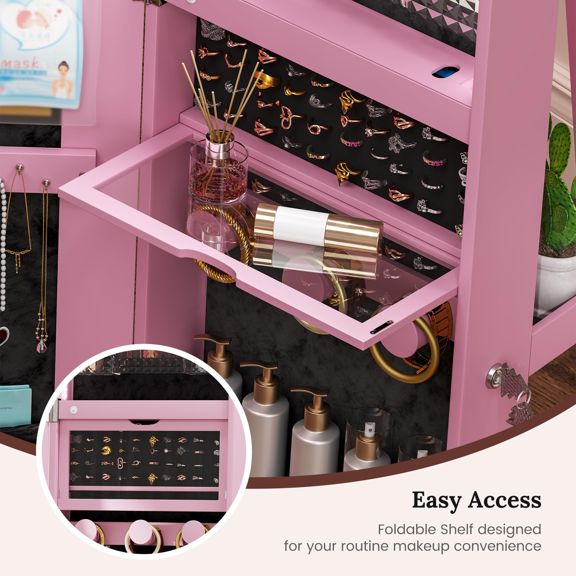 LVSOMT LED Mirror Jewelry Cabinet Standing, 360°Swivel Jewelry Armoire with Full Length Mirror, Mirror with Jewelry Storage and Large Wooden Drawer for Christmas Gifts ()