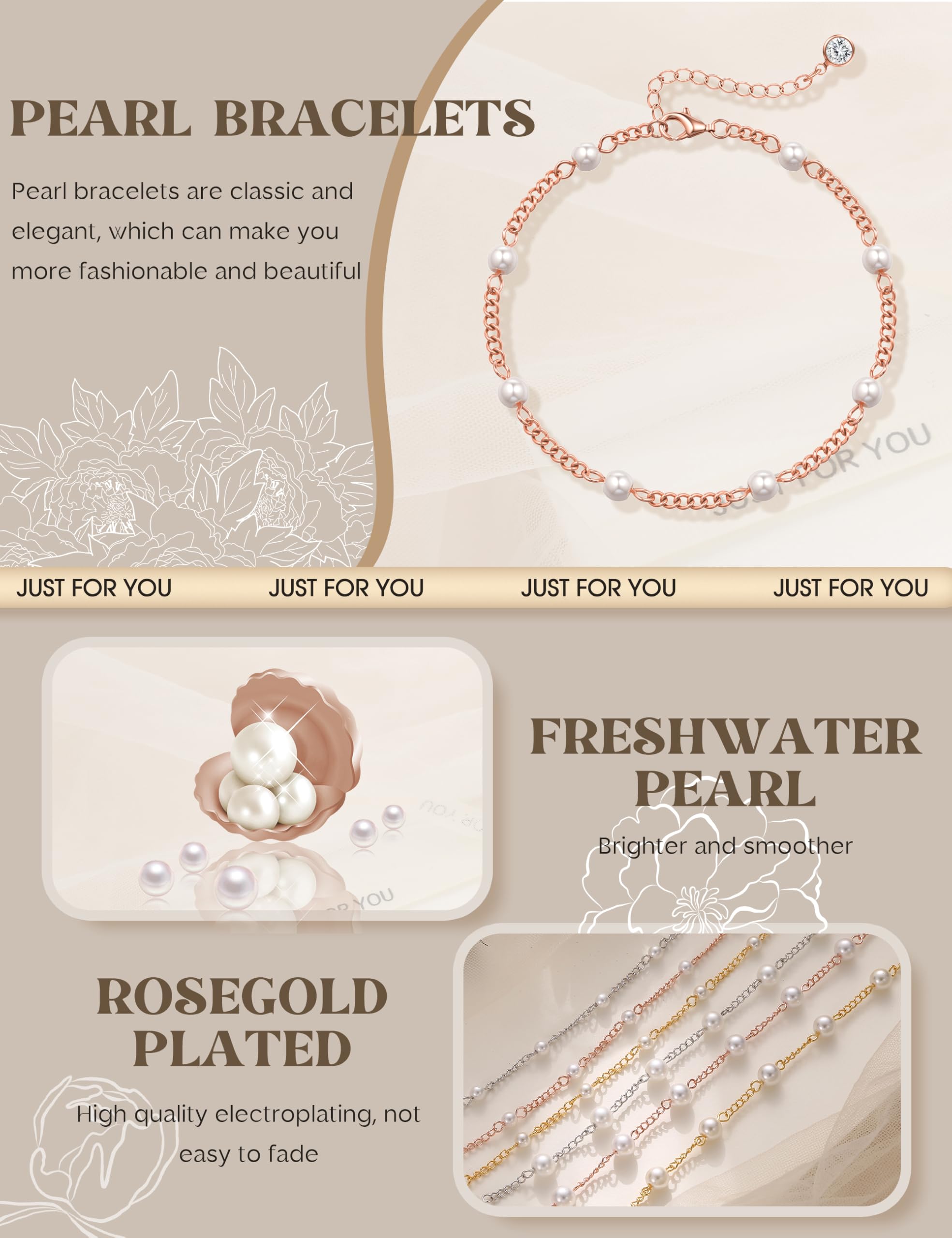 HHRFCS Pulseras de Perlas de Agua Dulce para Mujer Pulsera de Perlas Hecha a Mano Ajustable Cadena de Mano Chapado en Oro de 18 Quilates/Oro Rosa/Oro Blanco Elegantes Joyas con Cuentas Regalos para
