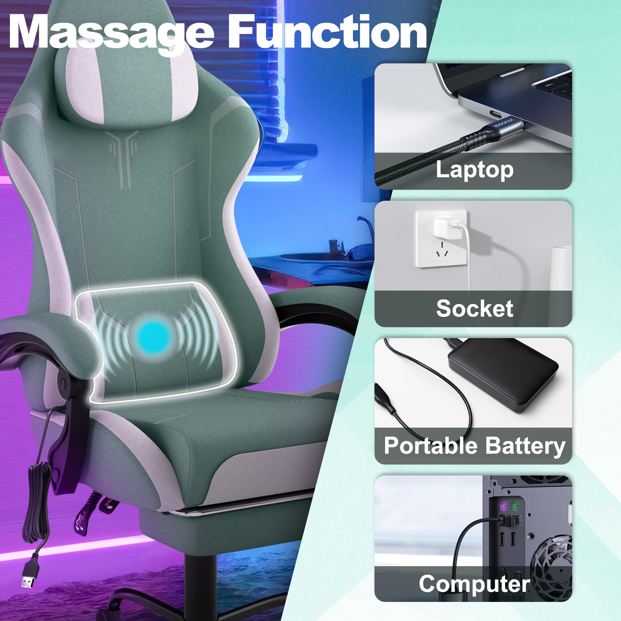 ACXIN Silla de gaming con reposapiés y reposacabezas, silla ergonómica para gaming con cojín lumbar de masaje, respaldo ajustable 90-135°, reposabrazos acolchados para gamer - Verde
