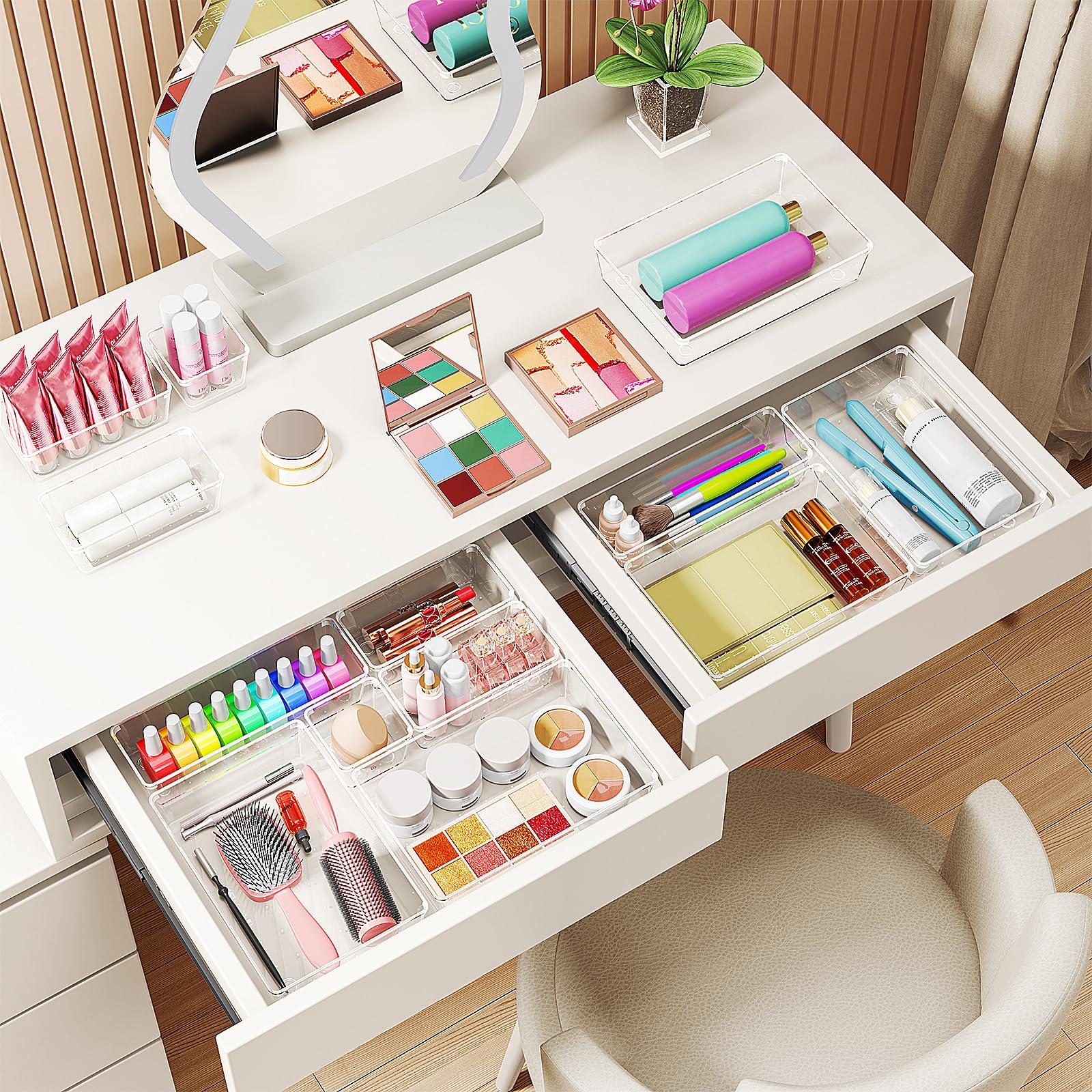 Radikor Lot de 25 Organisateurs de Tiroir, Rangement Tiroir en Plastique Transparent, Bacs de rangement avec 4 Tailles pour salle de bain, coiffeuse, Cuisine, Bureau, Papeterie, per Cosmétiques,Bijoux