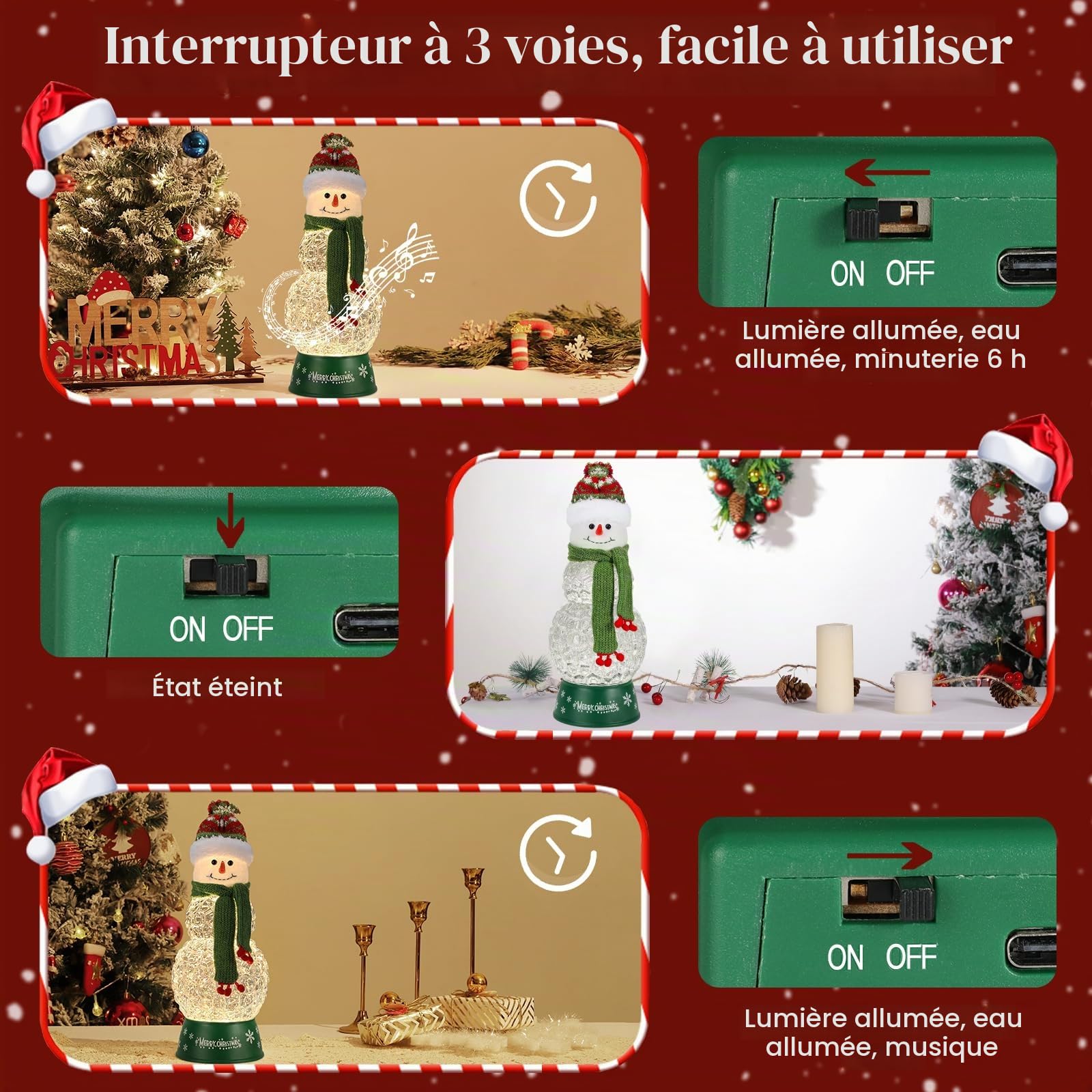 Lewondr Boule à Neige de Noël Bonhomme de Neige avec Écharpe Vert, Paillettes Tourbillonnantes et 8 Chansons - Écharpe Rayée, Lanterne, Décoration pour Les Fêtes de Fin d'Année