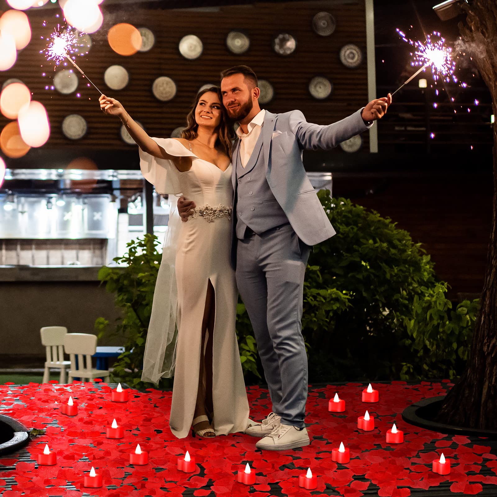 6000 pezzi di petali di rosa artificiali con 120 pezzi romantici a forma di cuore a LED, senza fiamma, romantica, per la notte romantica, San Valentino, anniversario, matrimonio Deco (luce rossa)