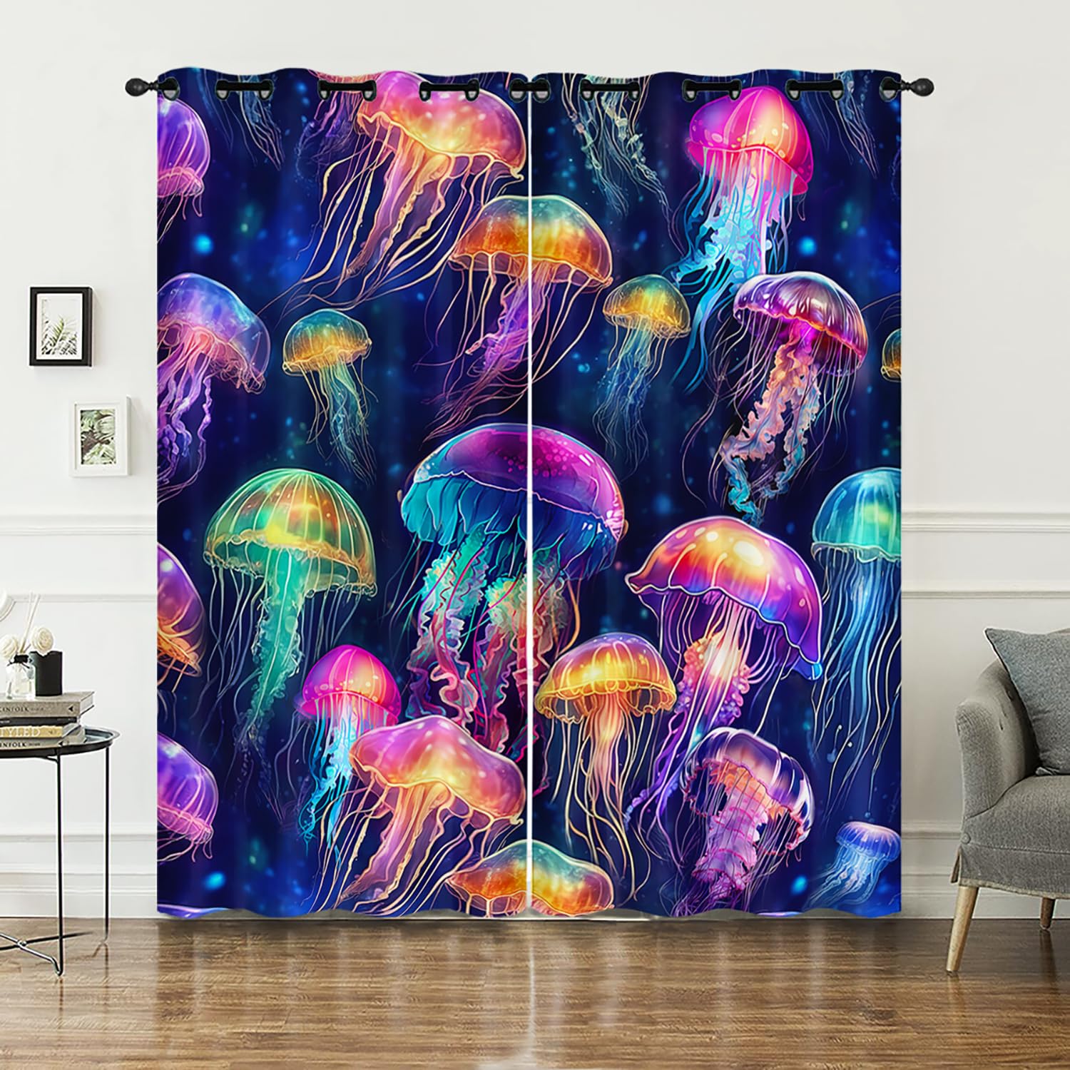 AILONEN Jellyfish Window Curtain,Ocean Animal Colorful Window Drapes for Toddler Kids Teens,Ocean Jellyfish Aesthetic Window Treatment Drapes for Bedroom Living Room Decor, 42