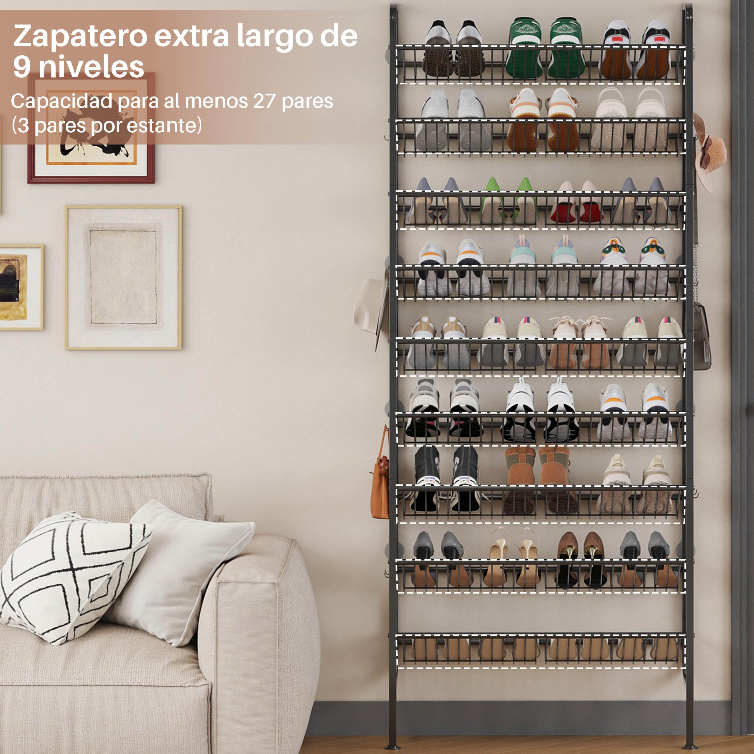 Zapatero para Puerta, Zapatero MetáLico de 9 Estantes para Colocar detráS de la Puerta, Zapatero Abierto, con 12 Ganchos para Despensa, Recibidor, SalóN (Negro, 70 x 20 x 177 cm)