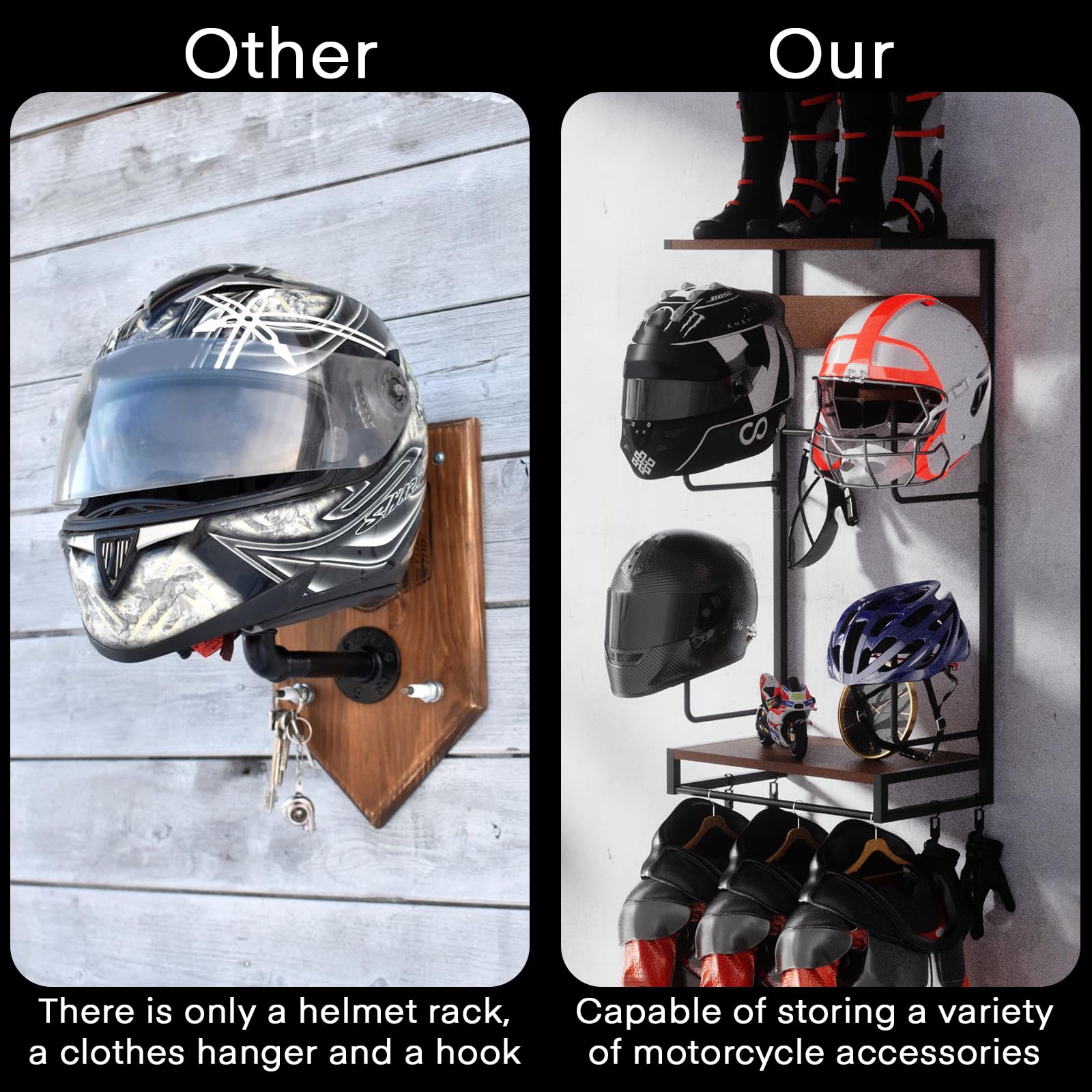 Porta Casco da Parete Con 2 Tavole in Strato di Legno - 4 Supporti per Casco Tattico, Moto, Calcio e Ciclismo - Appendi Cappelli