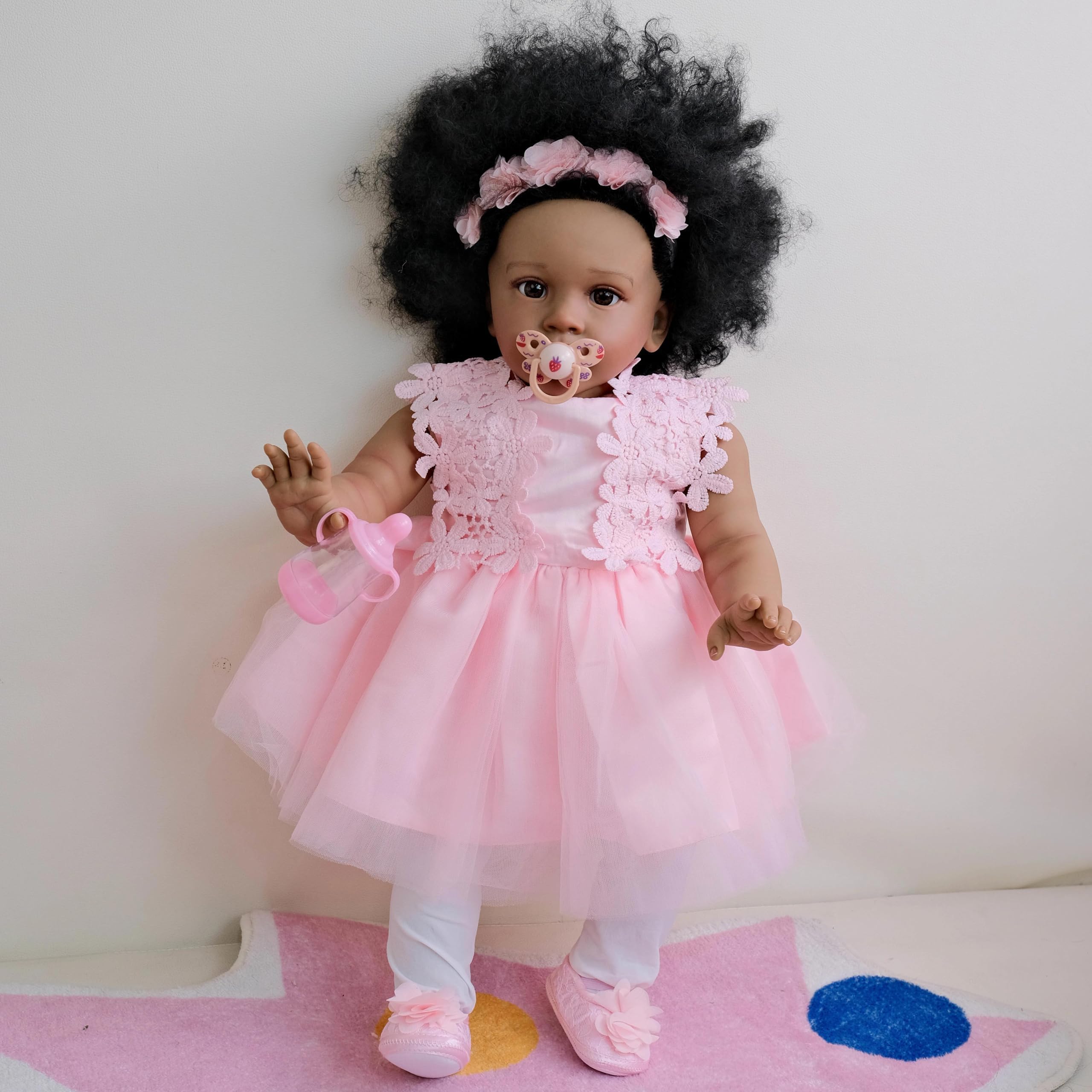 Zero Pam Große Größe Baby Reborn Toddler, 66 cm Baby Reborn Mädchen mit eingepflanzten Haaren, schwarze Babypuppe, weicher Stoff, Körper, Babypuppe, große Größe, Schwarz, Kleinkinder, Puppe für Kinder