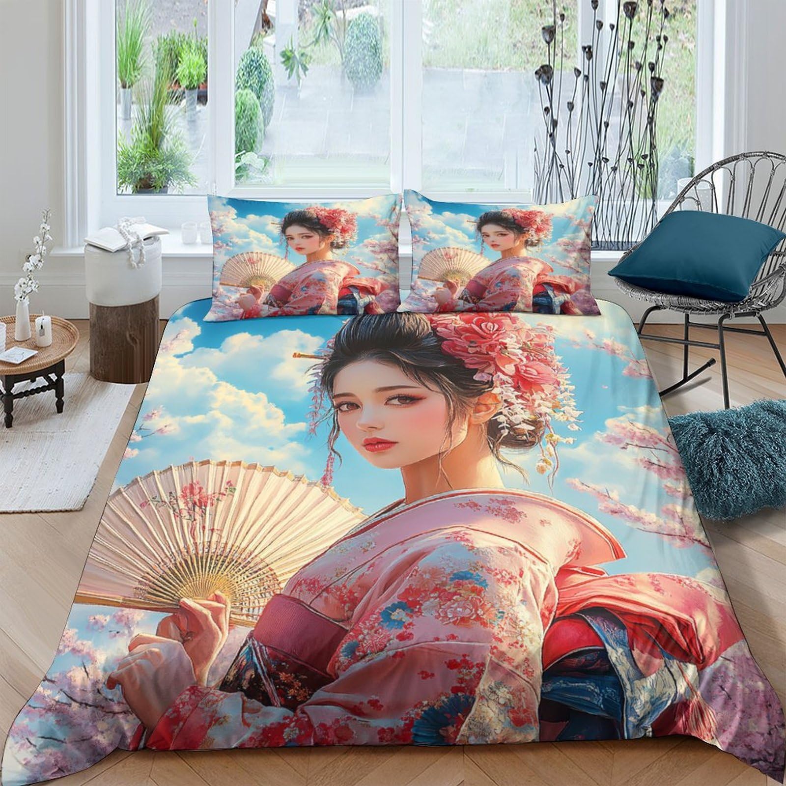 Ctjqhvkz Style-9 3D Printed Oriental Beauty Fitted Sheet Microfiber Soft Breathable Fan Motif Mattress Cover For Bedroom Decor Single（135X200cm）