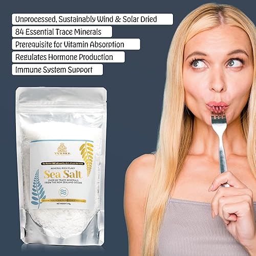 Miniatura 5 de TURNER Sal marina escamosa rica en minerales, fabricada en Nueva Zelanda, copos Kosher, 37.04oz, gourmet de alta calidad, sin procesar, 84 minerales