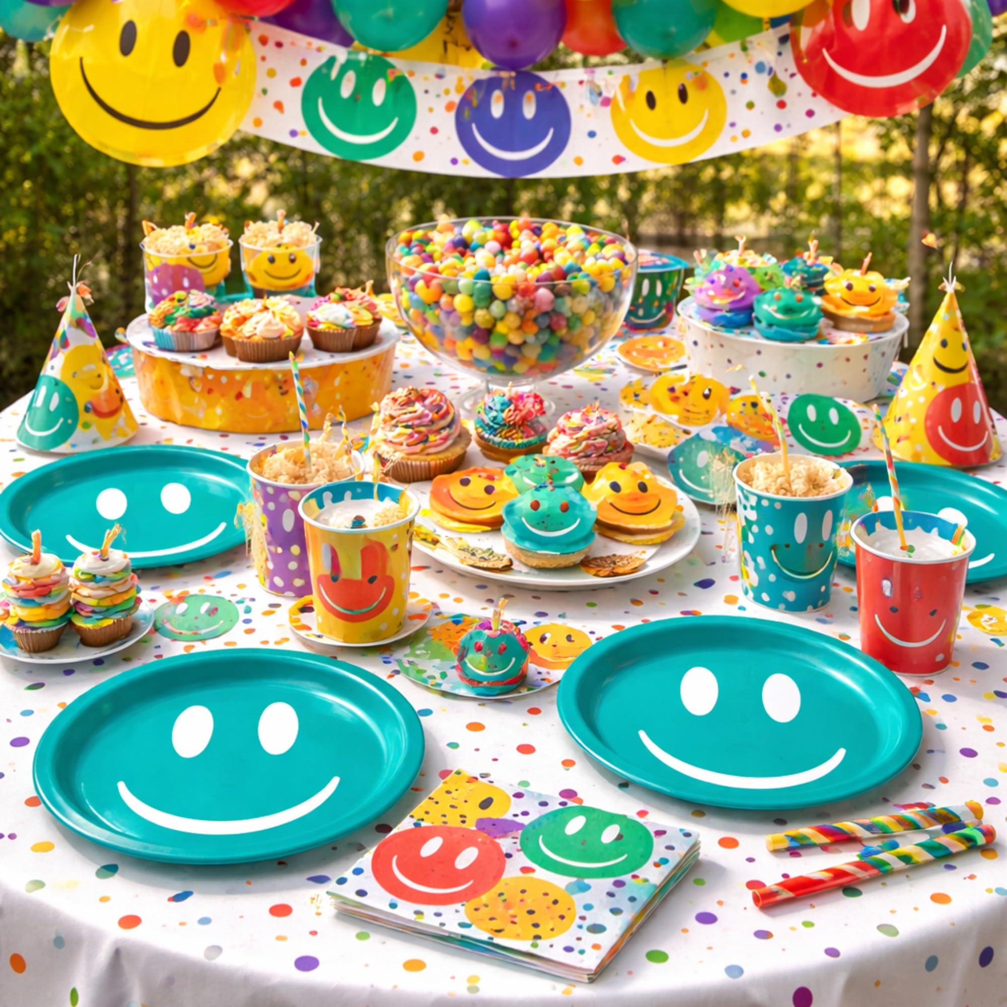 Emoji Party Surtido de platos de postre y servilletas de bebidas de papel de cara sonriente (sirve 16)
