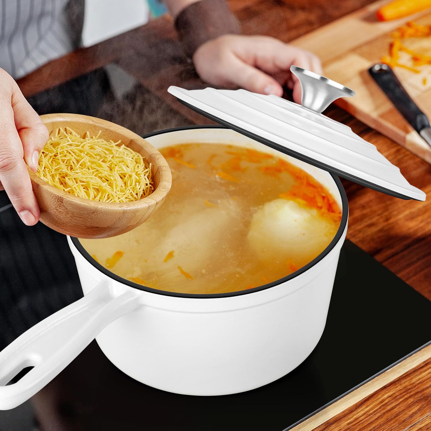 2 Quart Saucepan with Lid, Leonyo Enameled Cast Iron Sauce Pan, Heavy Duty Dutch Oven Cast Iron Pot Kitchen Cookware for All Cooktops Cooking Pasta, Milk, Soup- Up to 500°F & 6.7Lbs, White