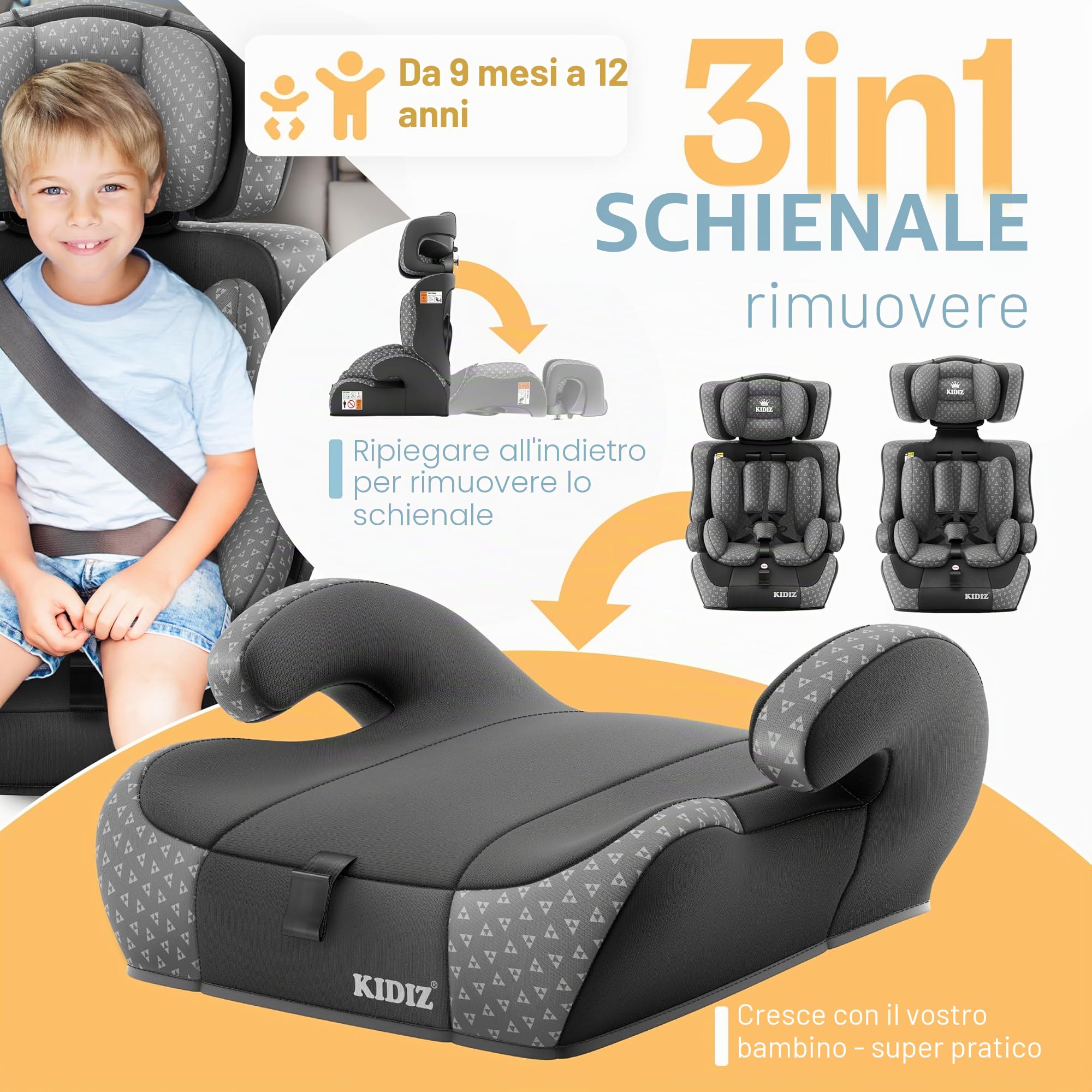 KIDIZ Seggiolino auto Triangle Premium per bambini, seggiolino auto | 9 kg - 36 kg 1-12 anni | gruppo 1/2/3 | universale | omologato secondo ECE R129/03