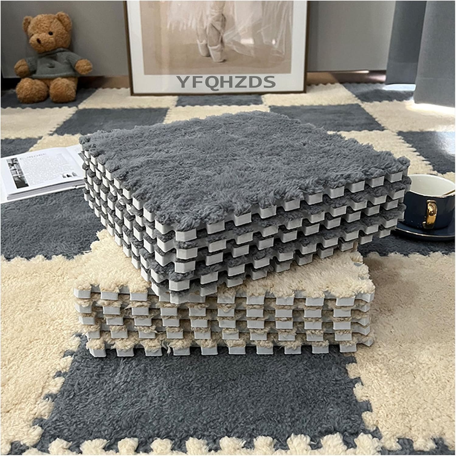 JvFbjLF Plush Foam Floor Mat 30pcs 30&60cm Square Puzzle Rugs Interlocking Foam Tiles(Gray+Light Brown,30x30x1cm)