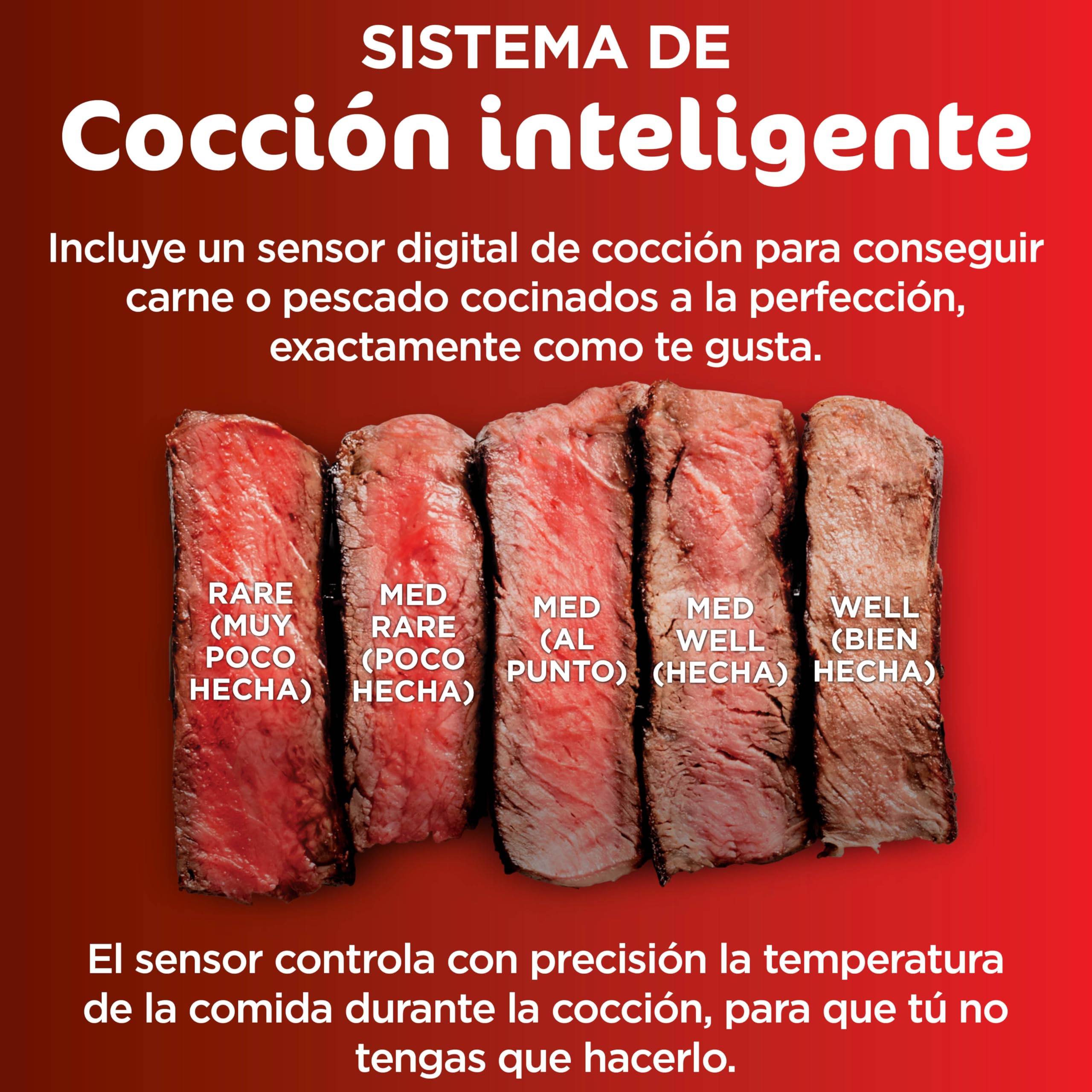 Ninja MAX 6 en 1 Freidora de aire y parrilla de interior, 6 funciones de cocción sin humo, cocina hasta 6 hamburguesas, capacidad de 3,8 l, incluye termómetro digital para carne, gris/plata, DG551EU