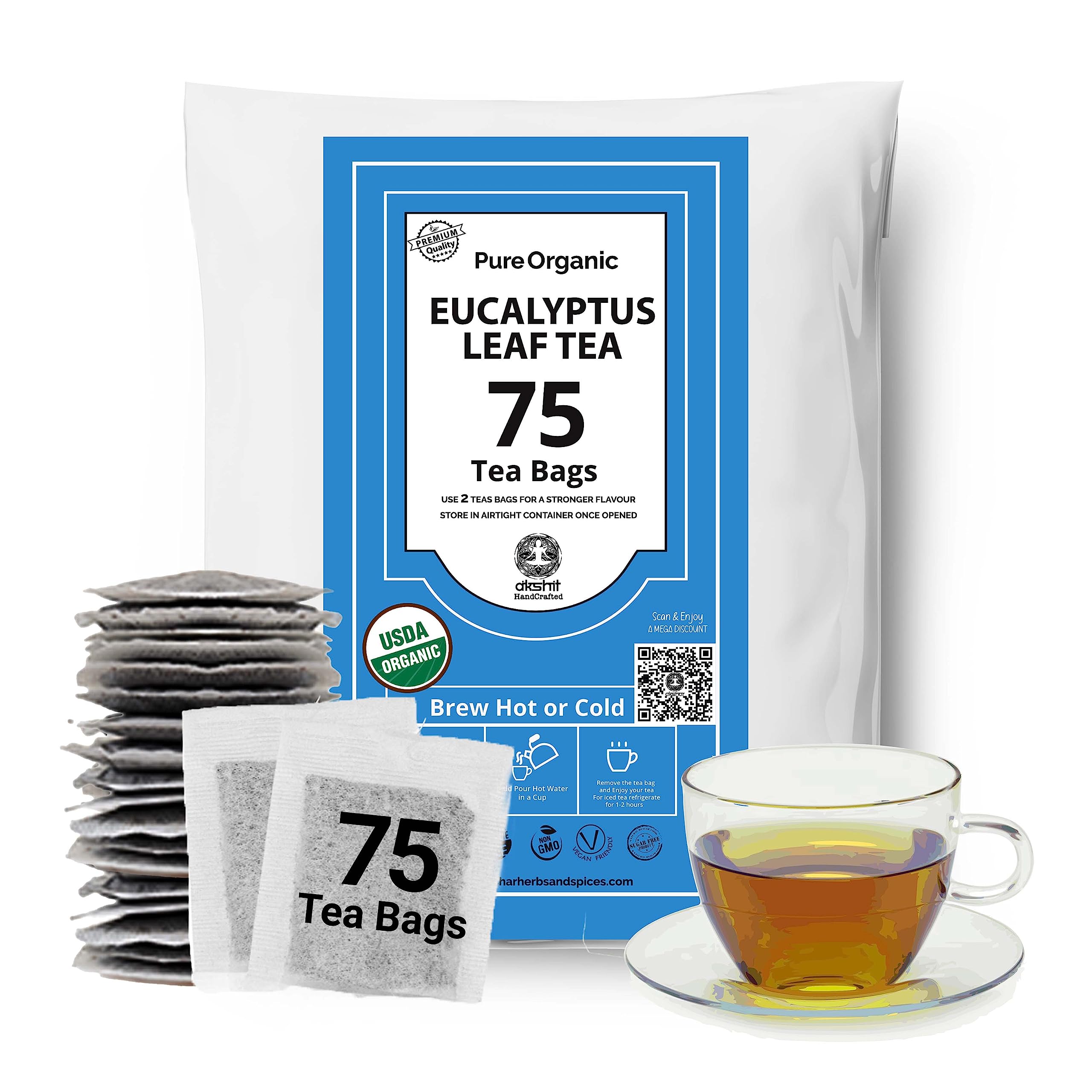 Akshit Eucalyptus Leaf Tea, Te De Eucalipto, 75 Eucalyptus Tea Bags, 100% Natural & Pure Eucalyptus Leaves, Sugar Free Herbal Tea, Vegan, Caffeine Free, Non-GMO