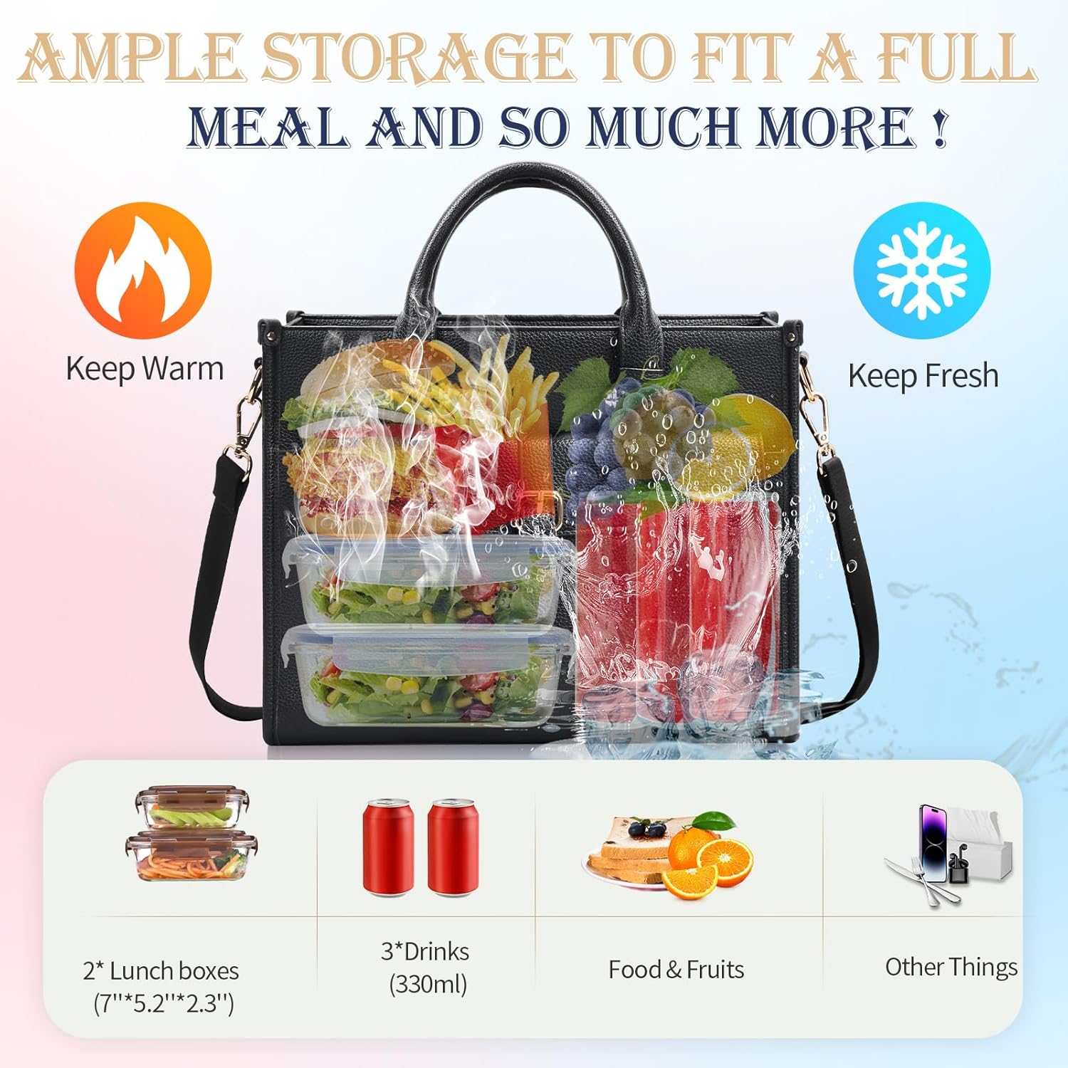 Jetviivid Lunch Bag for Women, Insulated PU Leather Lunch Tote for Office Work, Professional Ladies Lunch Bag with Strap, Leakproof & Water-Resistant Cooler Lunch Box, Black - Image 4