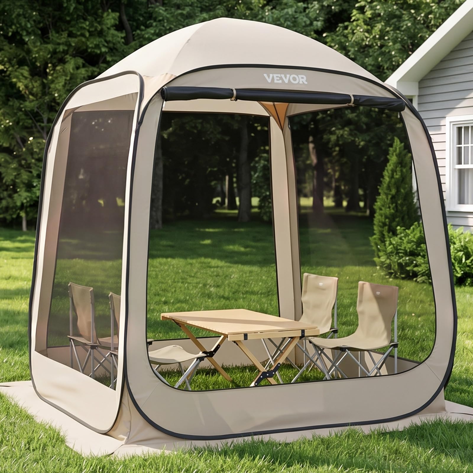 VEVOR Carpa Plegable con Mosquitera, 1825 x 1825 x 2200 mm, para 4-6 Personas, Polígono de 4 Lados, con Bolsa de Transporte, Laterales de Malla y Estacas para el Suelo. al Aire Libre, Color Beige