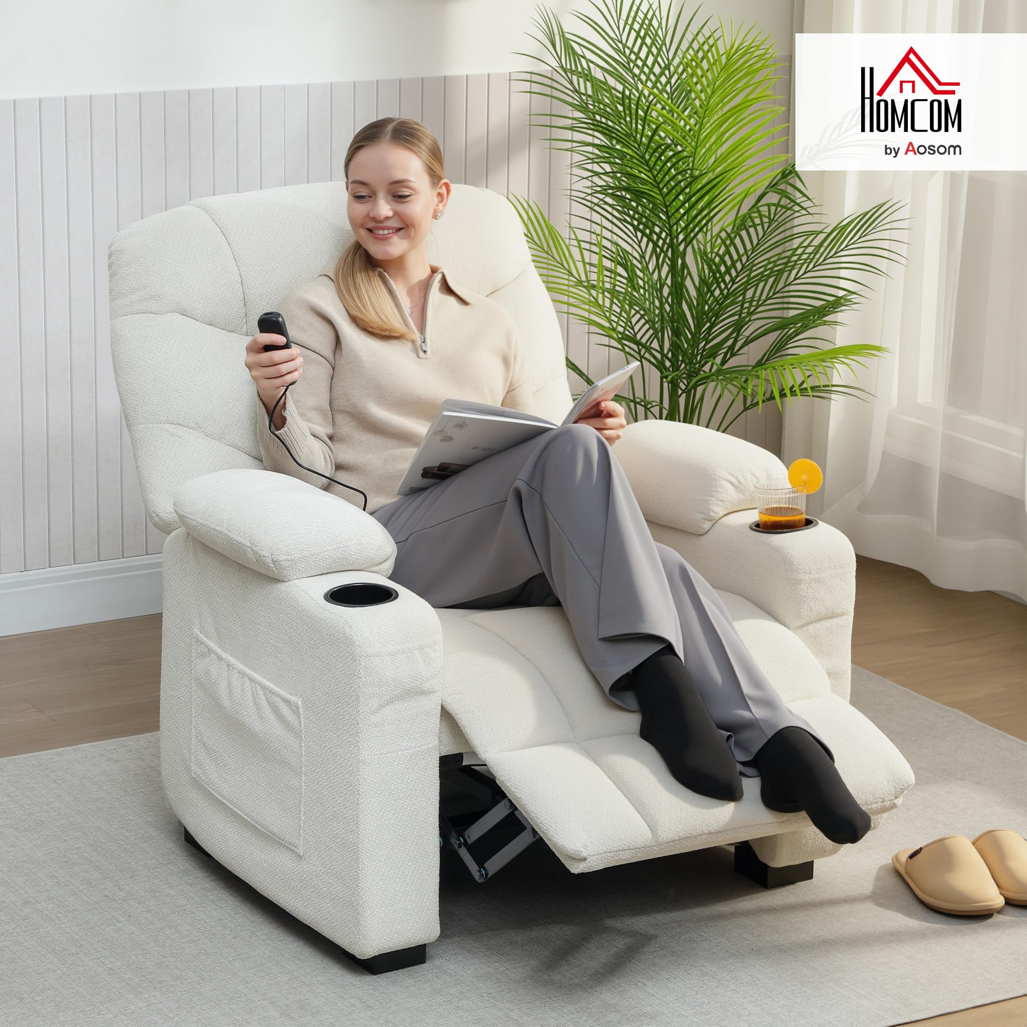 HOMCOM Fauteuil Relax électrique, Fauteuil inclinable en Velours, Port USB, Assise Large, Repose-Pieds, Porte-gobelets, Poches latérales, télécommande, Moteur Silencieux, 2 Positions mémoire, crème